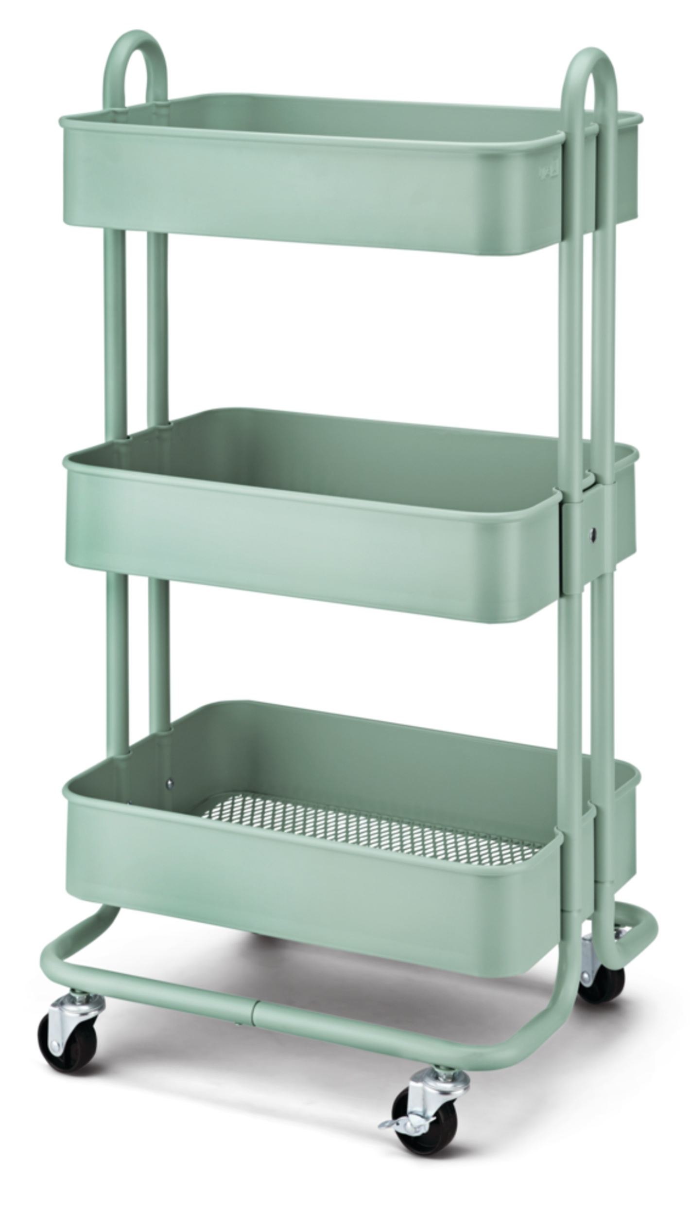 type A Momentum Steel 3-Tier Utility Cart with 4 Wheels, Eucalyptus Front_Angled_Left