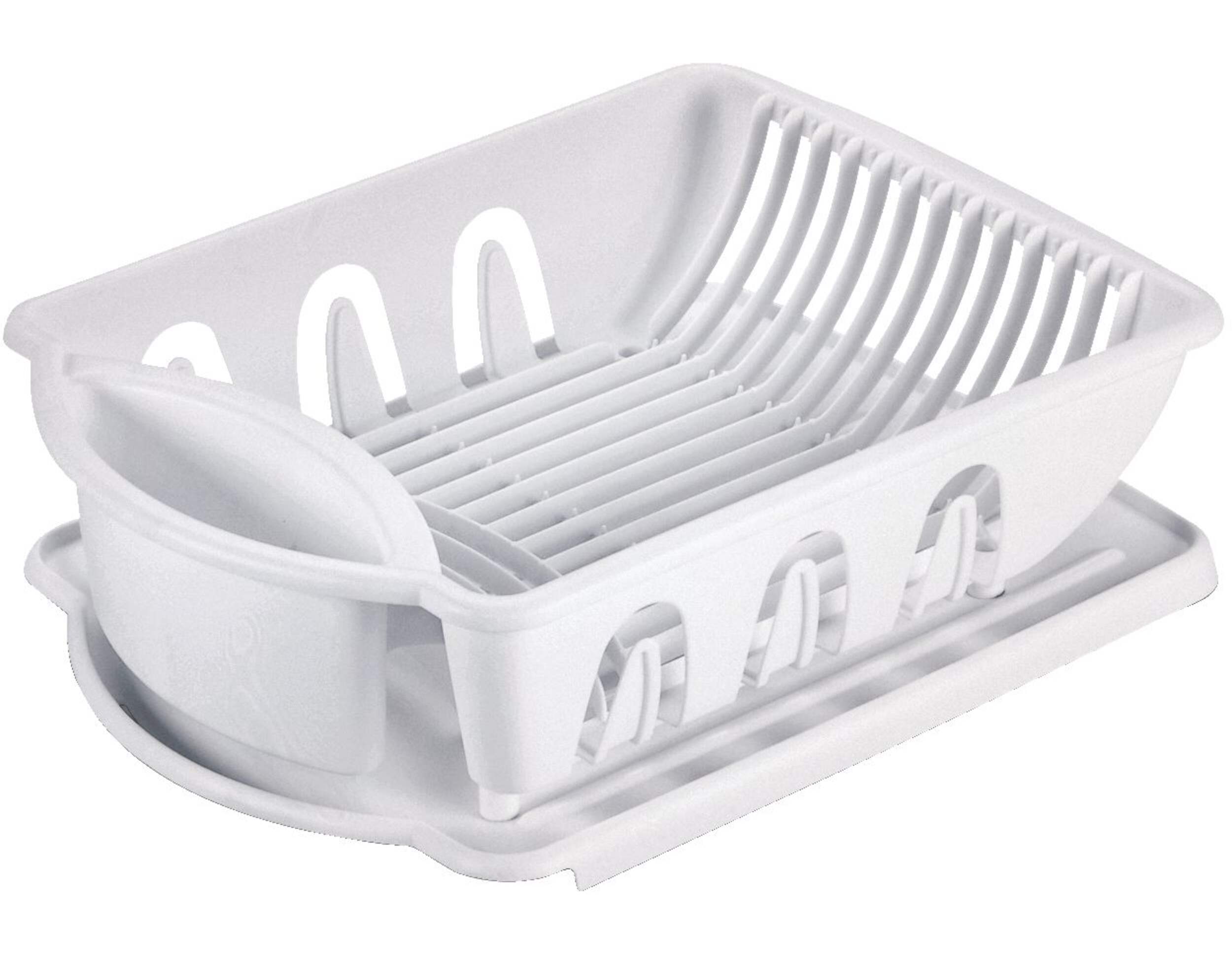 Sterilite Plastic Nesting Dish/Cutlery Drying Rack & Drainboard Tray For Kitchen, White Front_Angled_Right