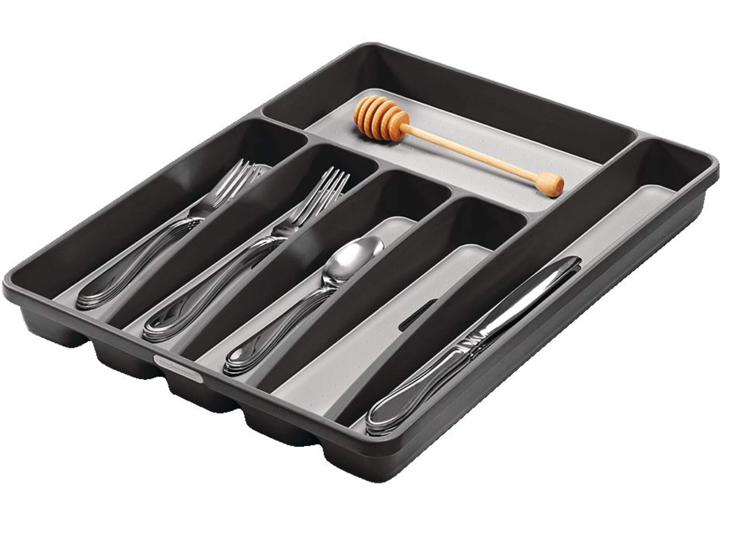 Madesmart Large 6-Compartment Cutlery & Kitchen Utensil Drawer Organizer Tray/Holder, Grey Front_Three_Fourths_Angled_Left