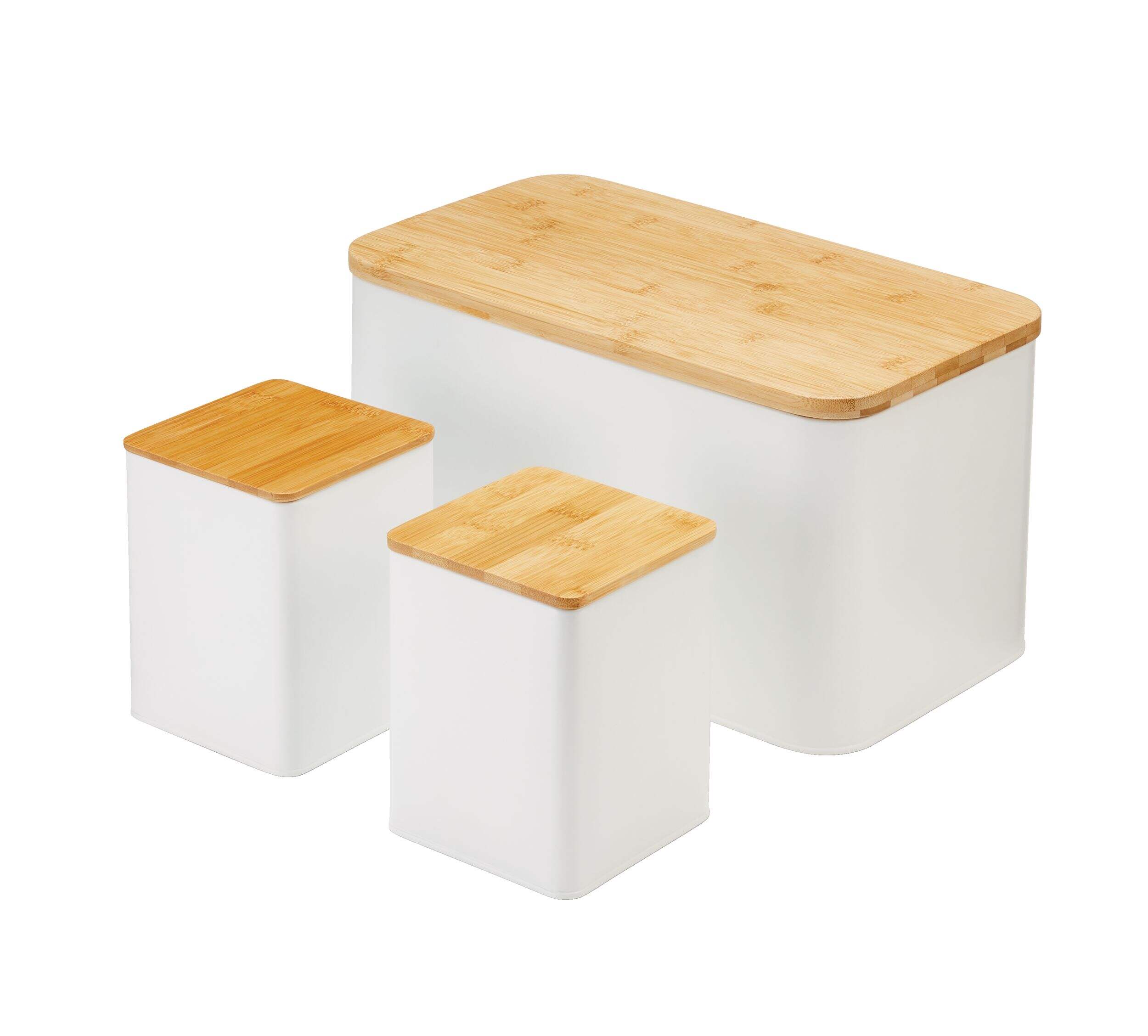Type A 3-pc Bread Box & Storage Canister Set with Bamboo Lids For Kitchen Countertop, White Front_Three_Fourths_Angled_Left