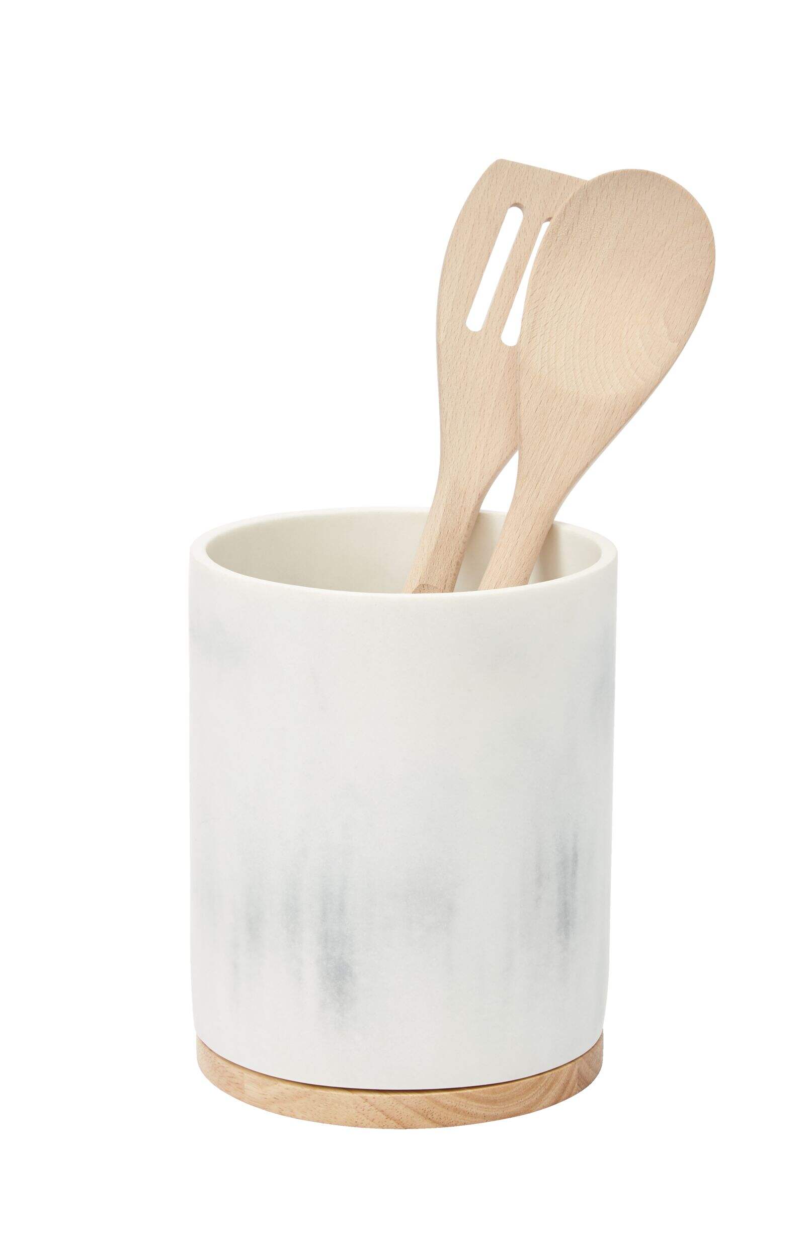 Type A Meta Kitchen Countertop Utensil Holder/Crock with Wooden Base, White Marble Finish Front_Elevated
