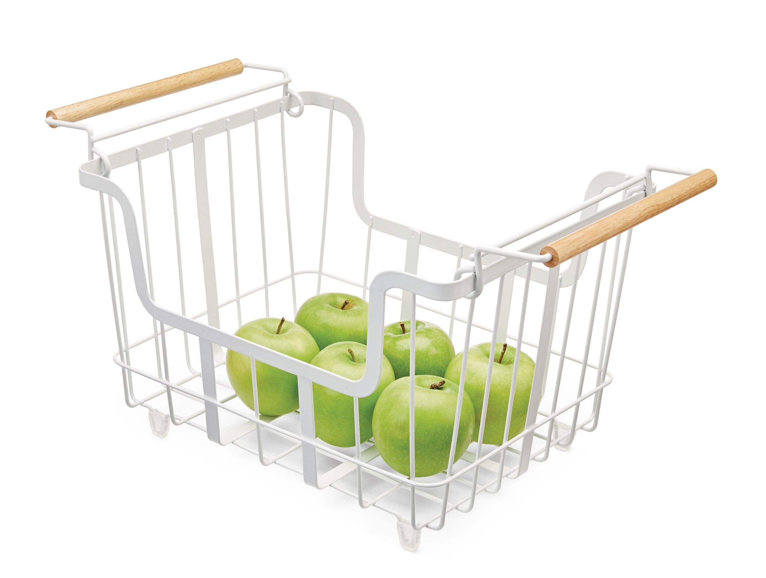 Type A Linear Stackable Metal Wire Storage/Fruit Basket with Wooden Handles, White, Large Front_Three_Fourths_Angled_Left