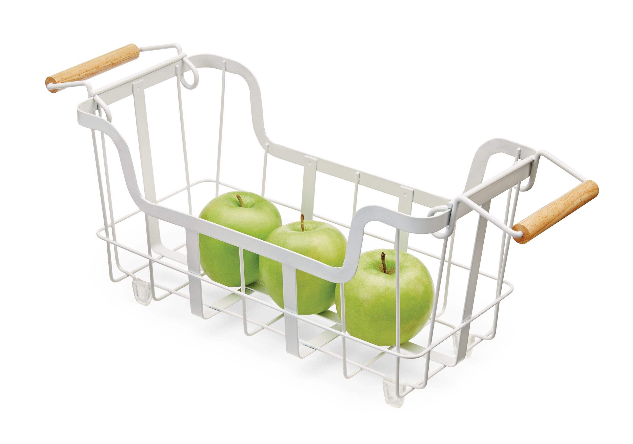 Type A Linear Stackable Metal Wire Storage/Fruit Basket with Wooden Handles, White, Small Front_Three_Fourths_Angled_Left