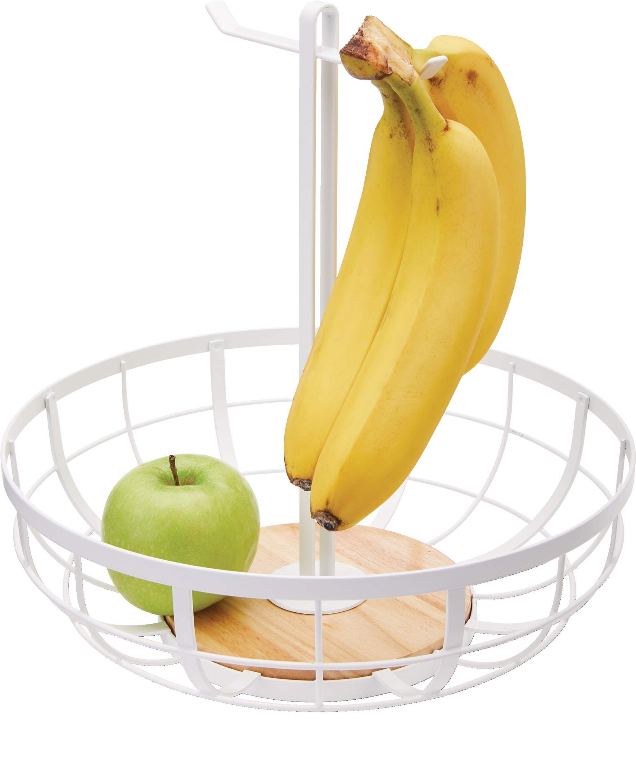 Type A Linear Metal Fruit Bowl/Basket with Banana Hanger & Wooden Base, White Front_Elevated