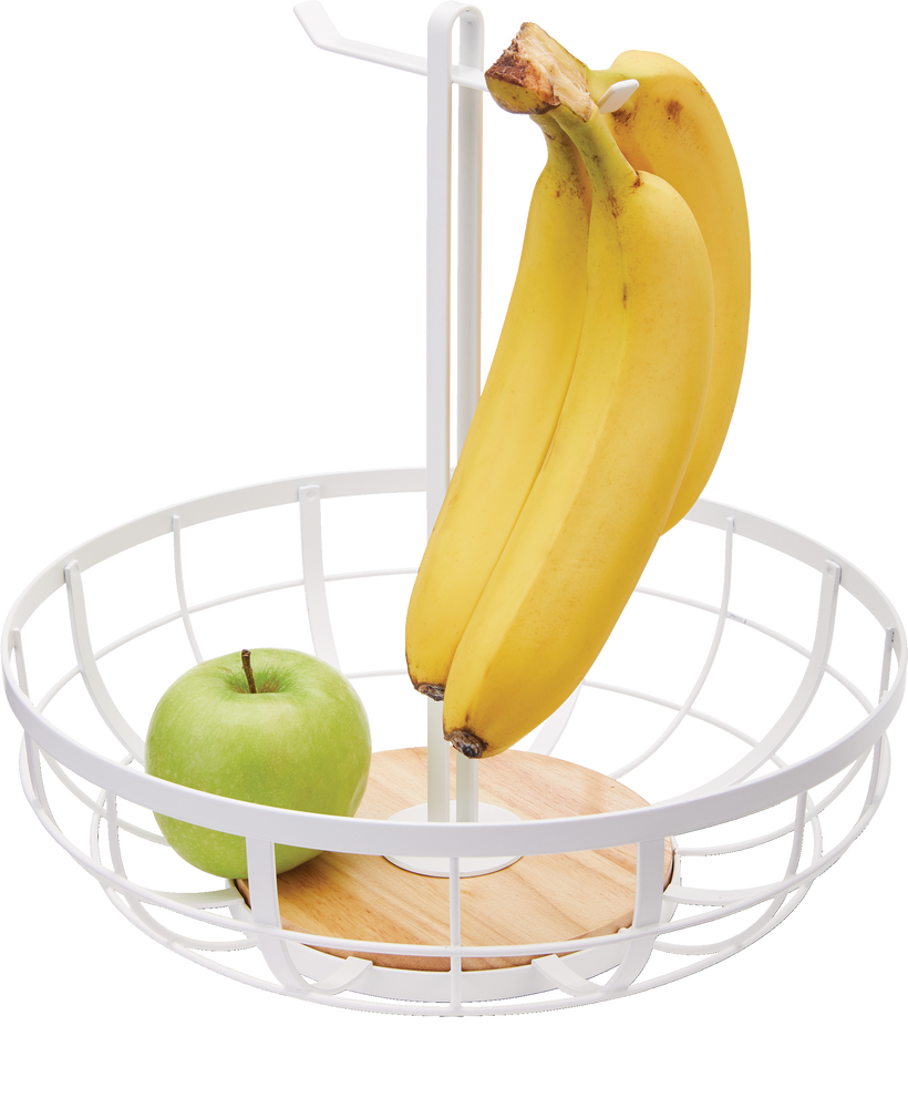 Type A Linear Metal Fruit Bowl/Basket with Banana Hanger & Wooden Base