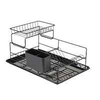 Égouttoir à vaisselle à 2 niveaux en acier Type A Perspective avec porte-couverts, 18,2 x 12,3 po, noir Front_Angled_Left