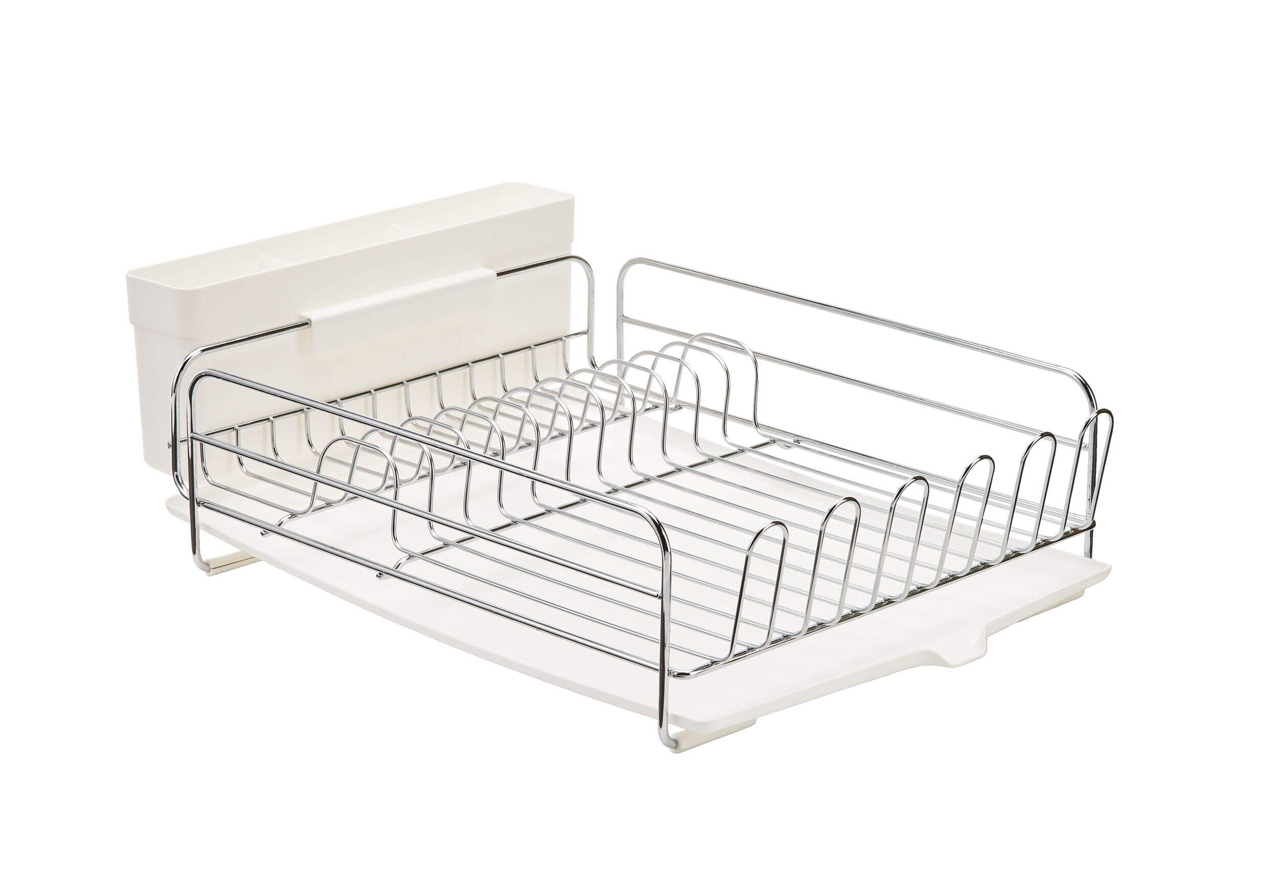 Type A Alpha Stainless Steel Dish Drying Rack with Cutlery Holder & Drainboard, 13 x 19.3-in Front_Angled_Right