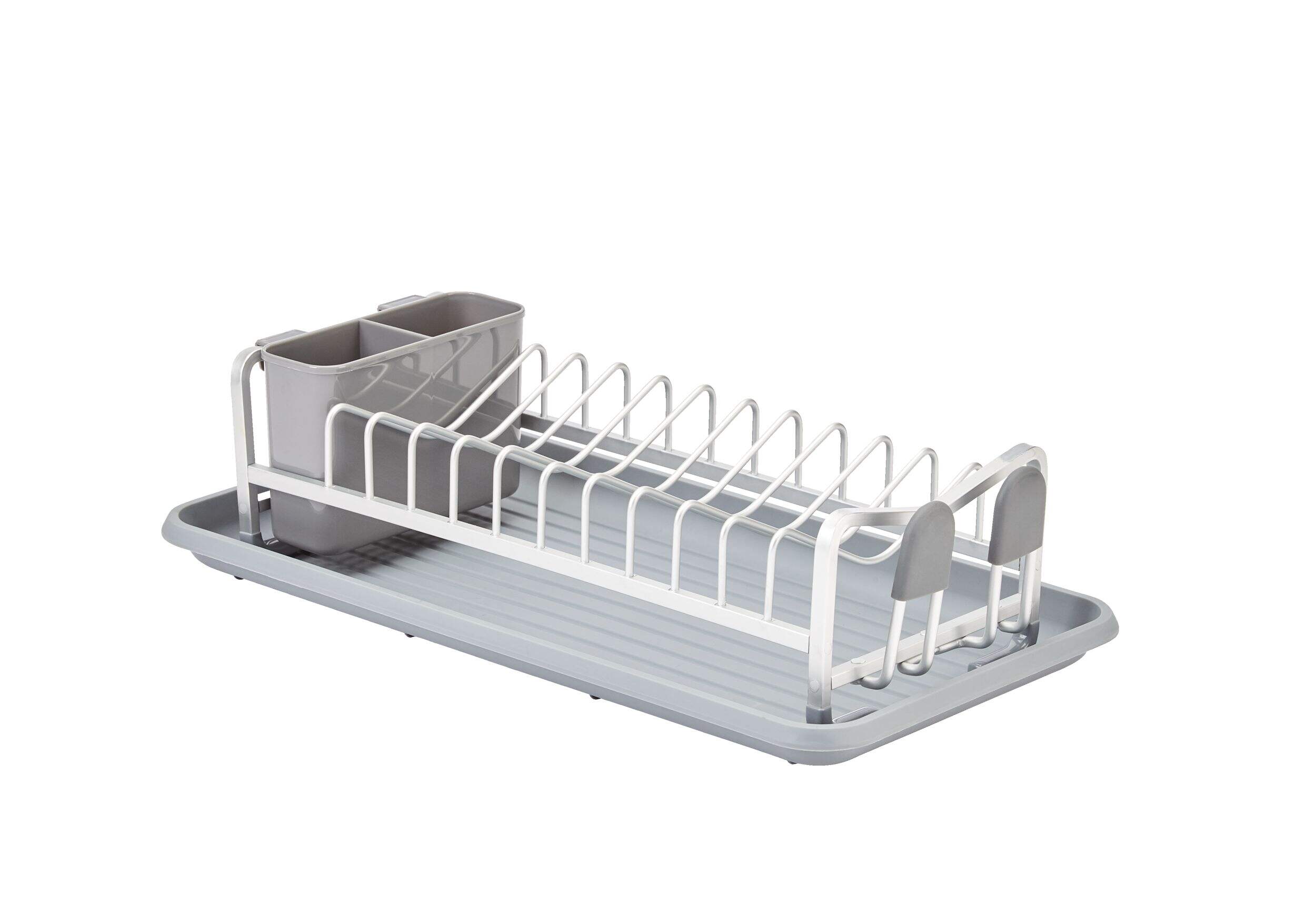 Type A Forte Compact Aluminum Dish Drying Rack with Cutlery Holder & Drainboard, 18.4 x 16-in, White/Grey Front_Angled_Right