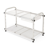 Type A Alpha Under-Sink Expandable & Adjustable Metal Storage Organizer Shelf with Basket, Chrome Front_Angled_Left