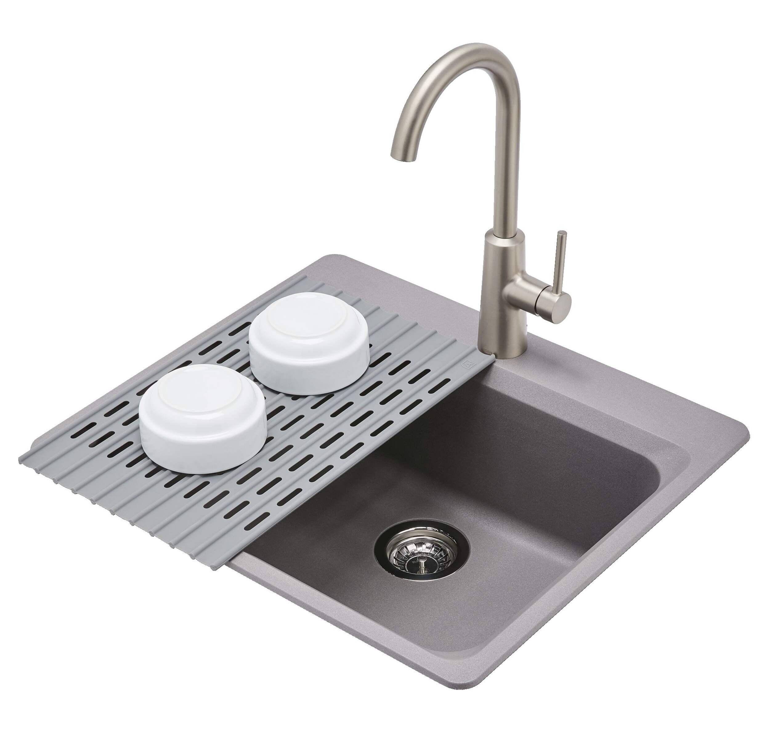 Type A Flex Silicone Roll-Up Over-The-Sink Dish Drying/Draining Mat, Grey, 12 x 18.5-in Overhead_Plunge