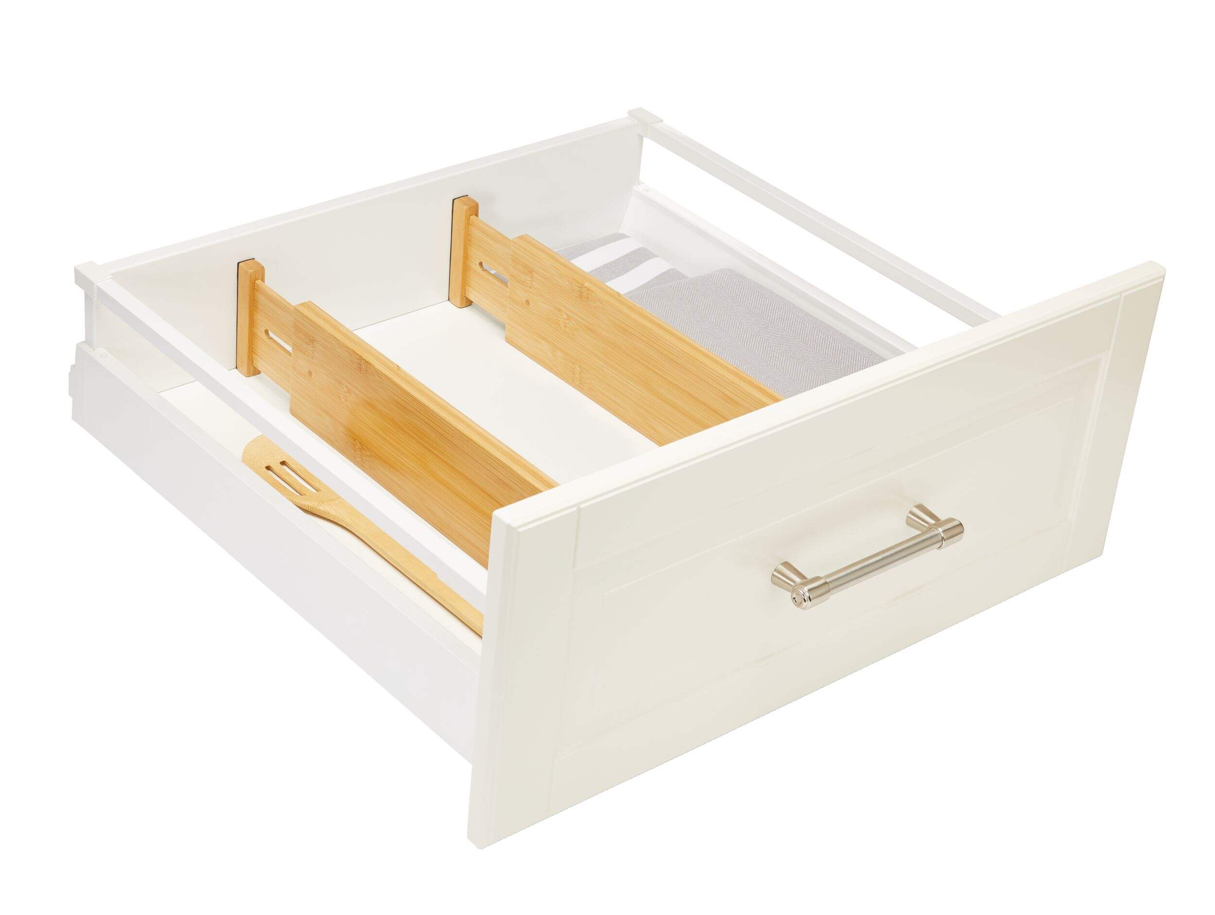 Type A Engrained Adjustable Spring-Loaded Bamboo Kitchen Drawer Dividers, Non-Slip, 2-pk Overhead_Plunge