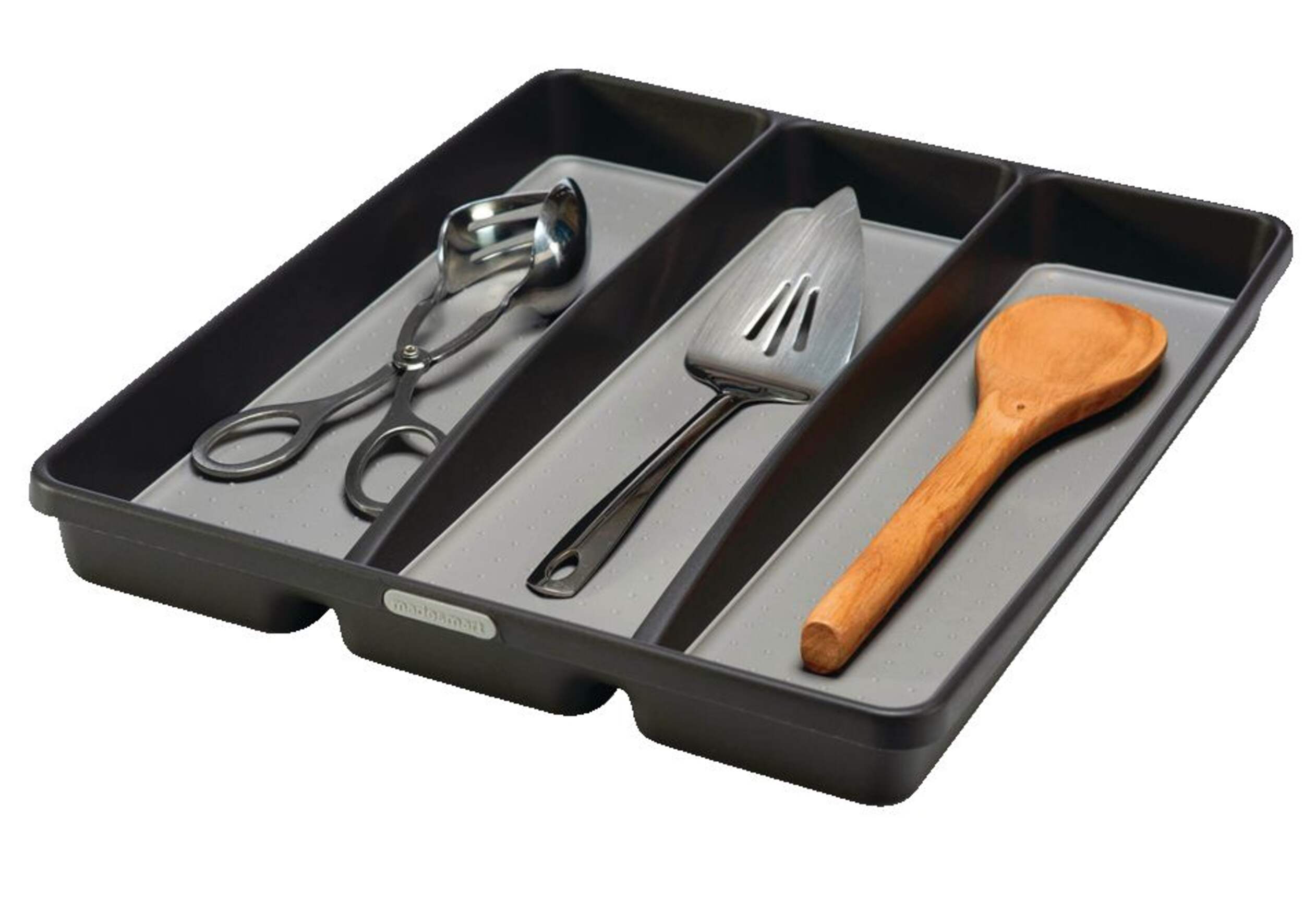 Madesmart 3-Compartment Kitchen Utensil Drawer Organizer Tray/Holder, Grey Front_Angled_Left