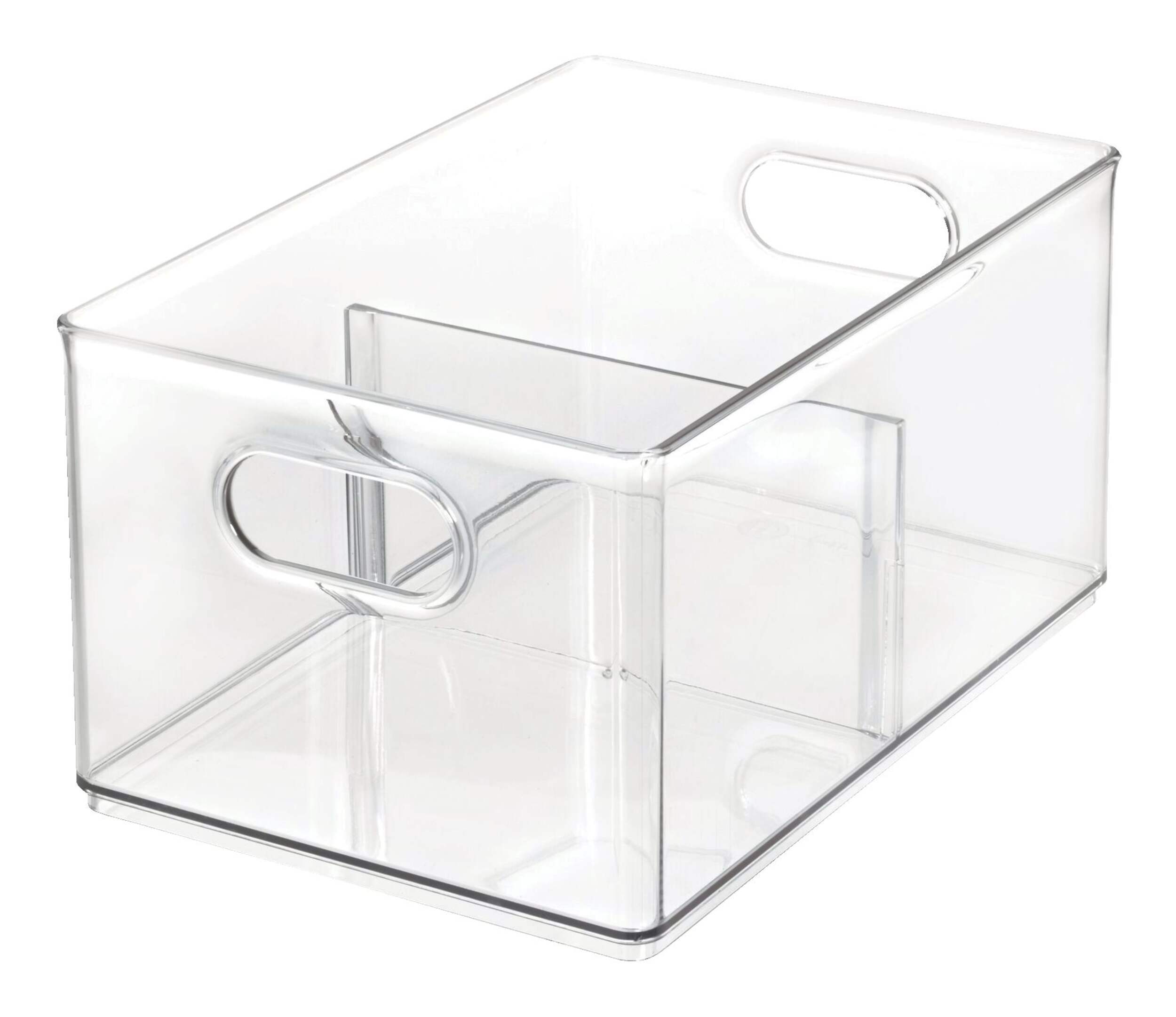 The Home Edit x iDESIGN Clear Plastic Divided Stacking Freezer Bin Storage Organizer Front_Three_Fourths_Angled_Left