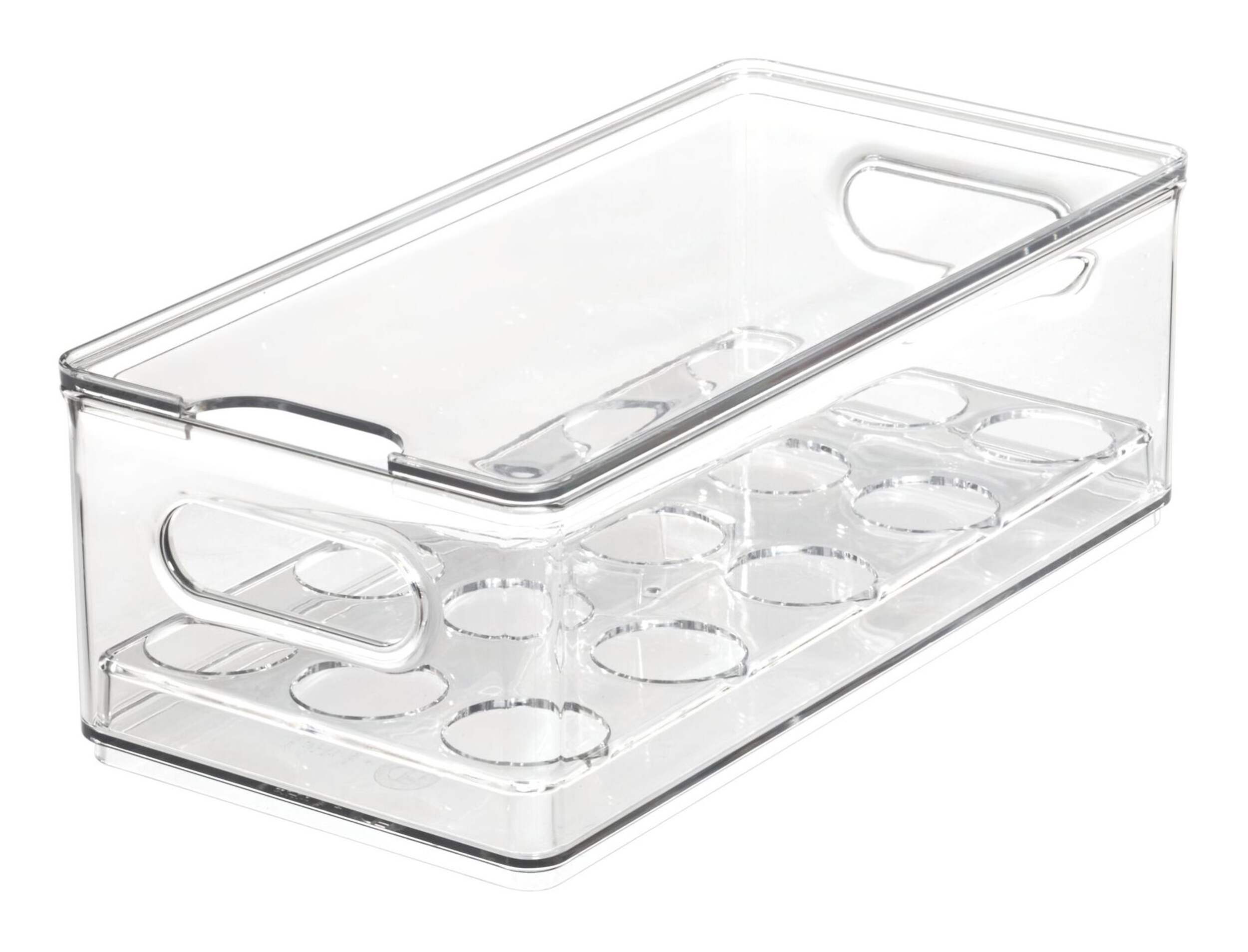 The Home Edit x iDESIGN Clear Plastic Stacking 15-Egg Tray Bin Storage Organizer with Lid Front_Three_Fourths_Angled_Left