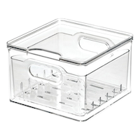 The Home Edit x iDESIGN Clear Plastic Stacking Berry Fridge Bin Storage Organizer with Lid Front_Three_Fourths_Angled_Left