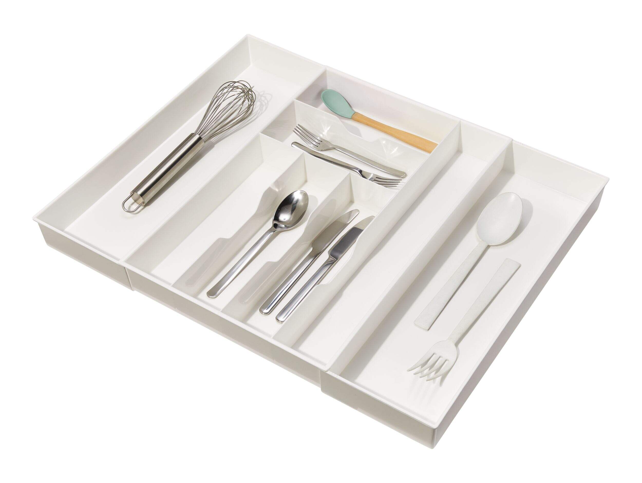 type A Alpha 8-Slot Expandable Cutlery Tray Organizer, White Front_Three_Fourths_Angled_Left