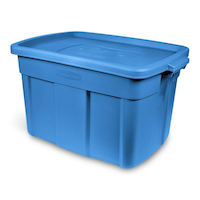 Rubbermaid Roughneck Stackable Storage Box with Lid, 68-L, Blue Front_Three_Fourths_Angled_Left
