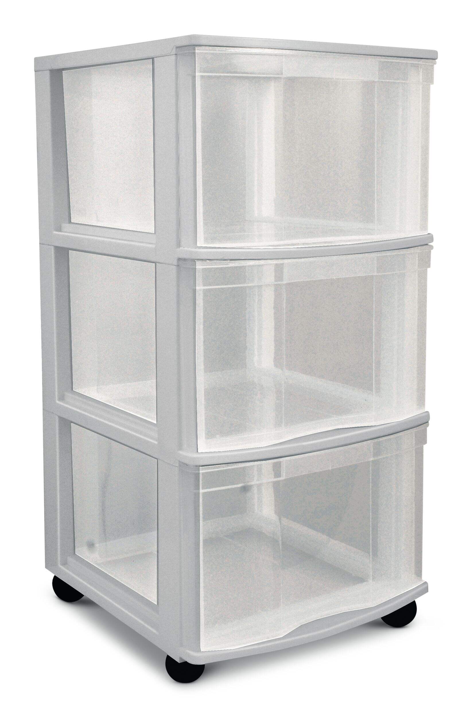 type A Clear Grey Frame 3-Drawer Storage Tower/Cart with Wheels, 26-in Front_Angled_Right