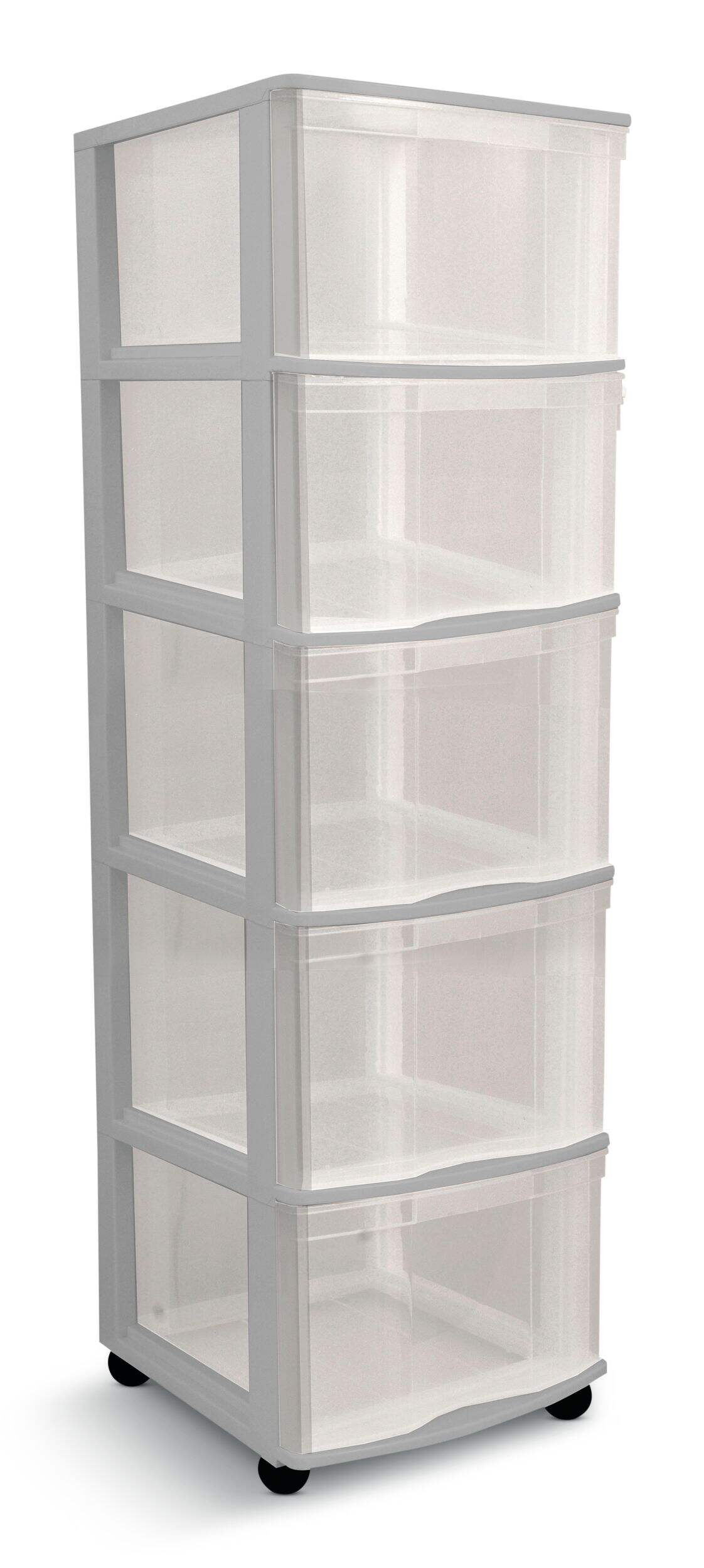 type A Deep Clear Grey Frame 5-Drawer Storage Tower/Cart with Wheels, 39-in Front_Angled_Right