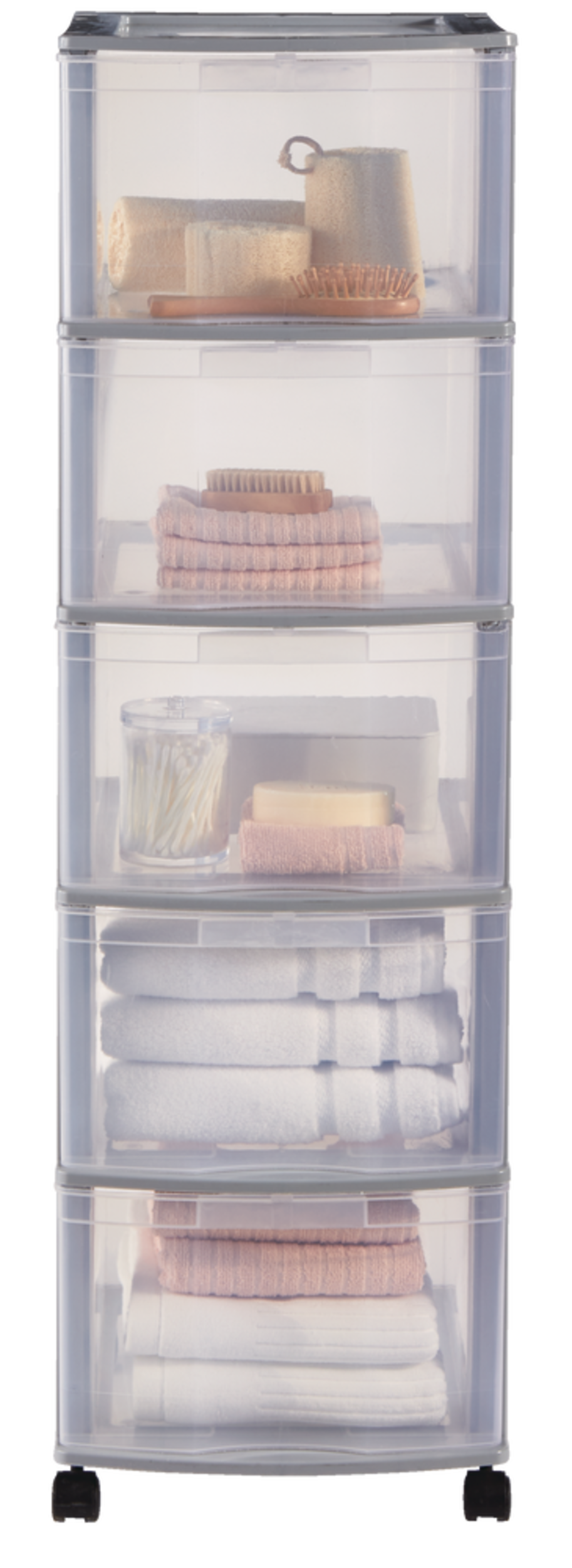 type A Deep Clear Grey Frame 5Drawer Storage Tower/Cart with Wheels