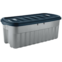 Bac de rangement géant Rubbermaid Roughneck avec couvercle, gris/bleu, 189 L Front_Angled_Right