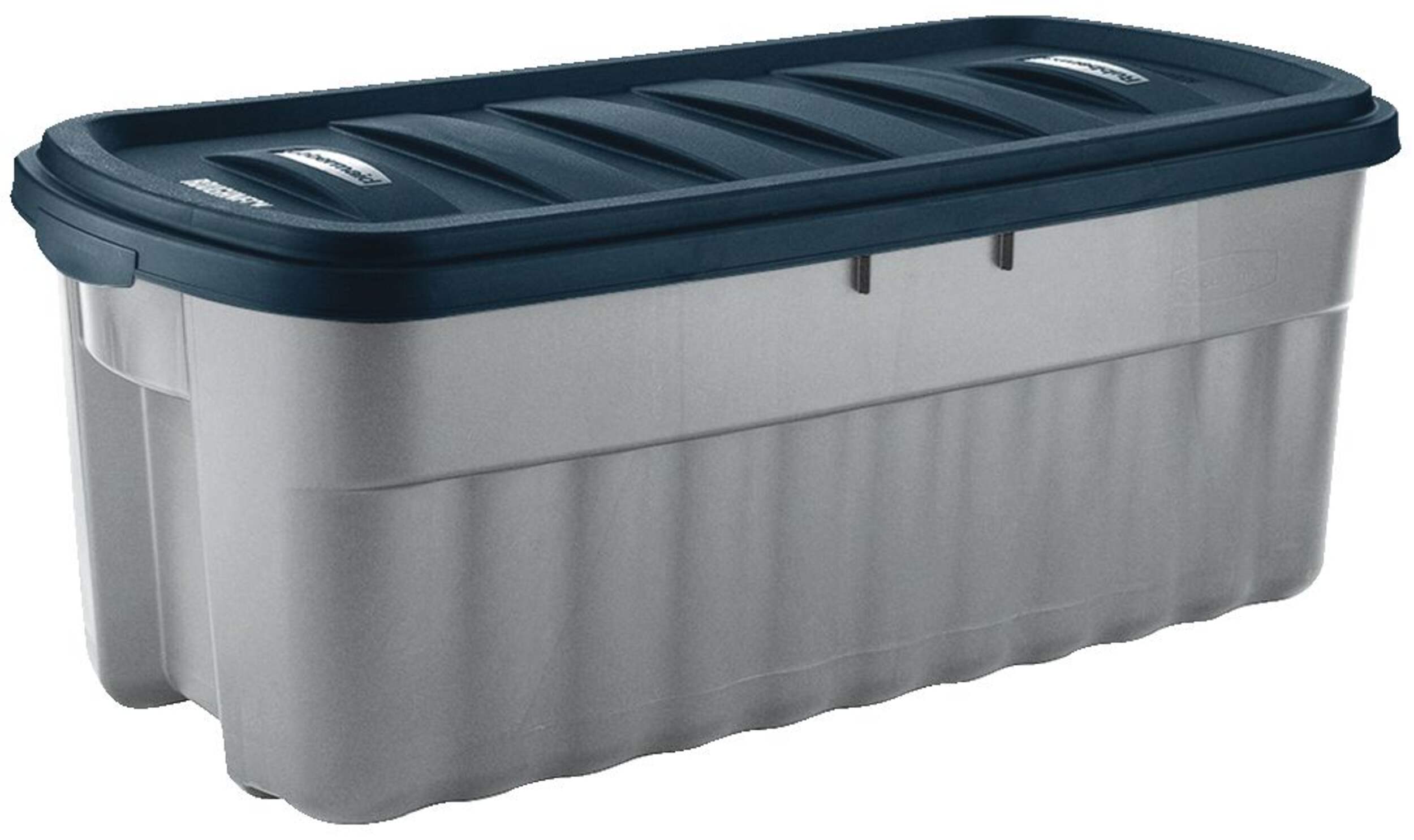 Bac de rangement géant Rubbermaid Roughneck avec couvercle, gris/bleu, 189 L Front_Angled_Right
