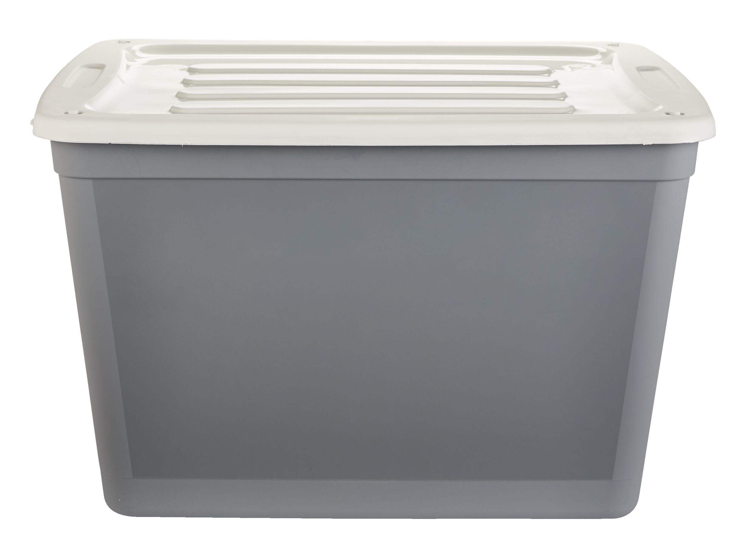 type A Stackable Storage Box with Lid and Wheels, 80-L, Grey Front_Elevated