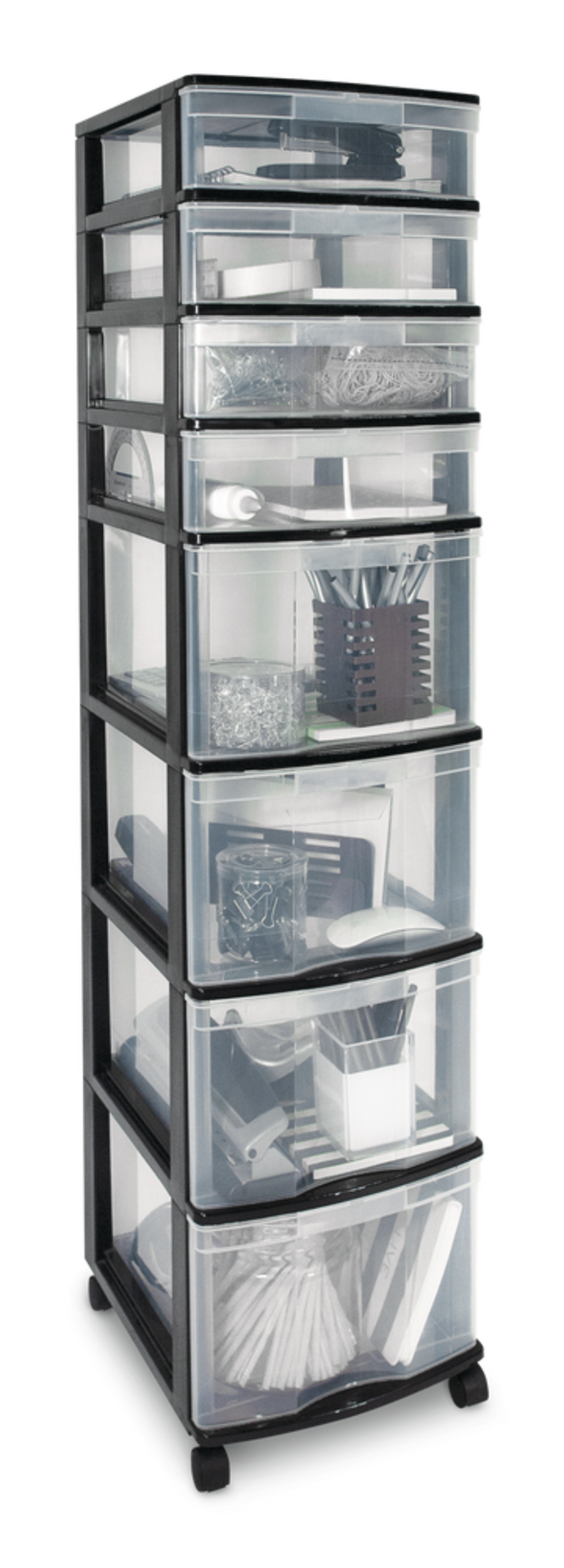 type A Clear Black Frame 8-Drawer Storage Tower/Cart with Wheels, 46-in Front_Three_Fourths_Angled_Right
