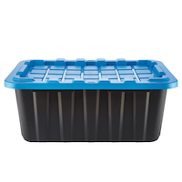 Mastercraft Heavy Duty Stackable Storage Box with Lid, 70-L, Black/Blue Front_Elevated