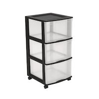 Tour de rangement/chariot à 3 tiroirs Type A avec roulettes, cadre noir transparent, 24 po Front_Angled_Right