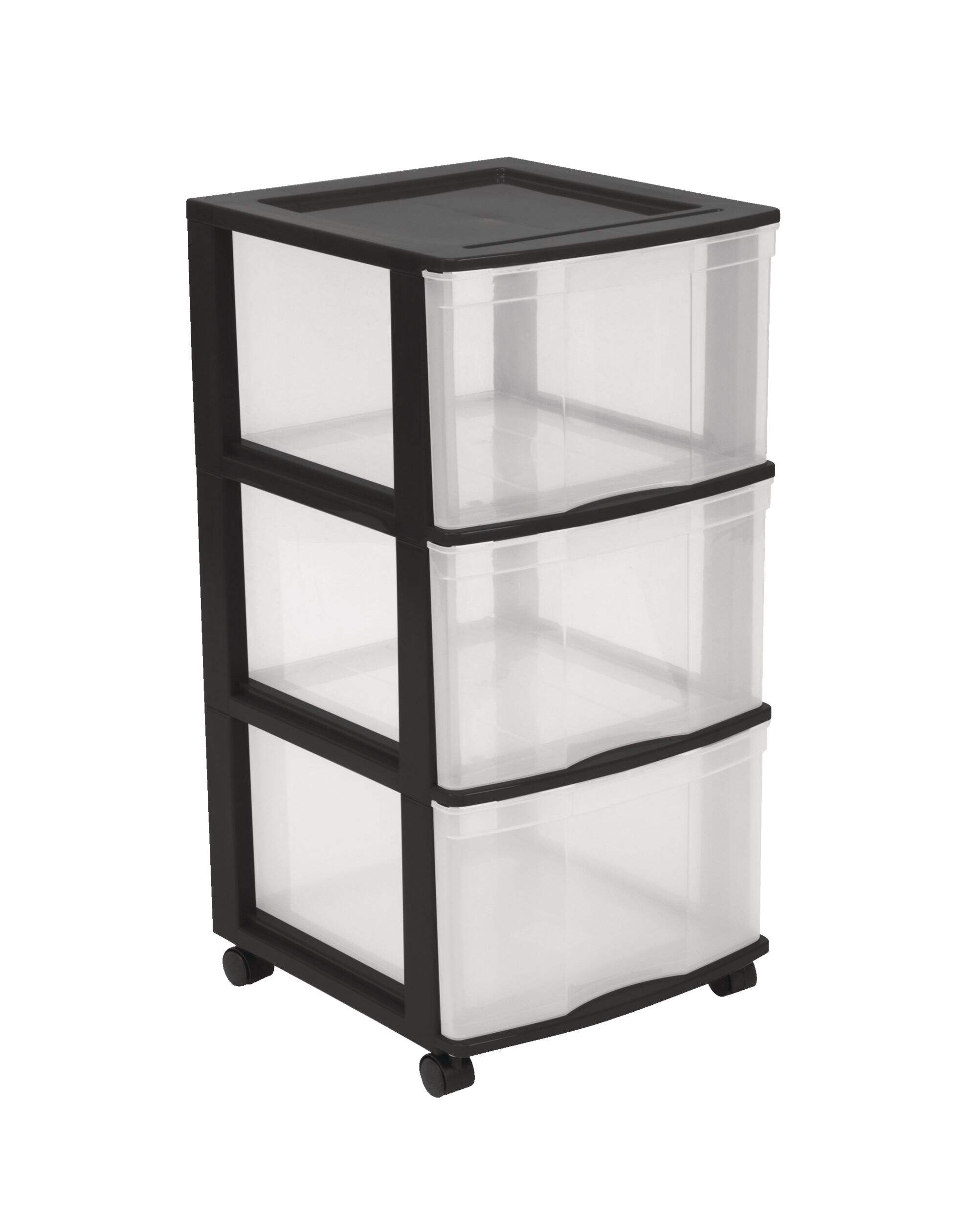 type A Clear Black Frame 3-Drawer Storage Tower/Cart with Wheels, 24-in Front_Angled_Right