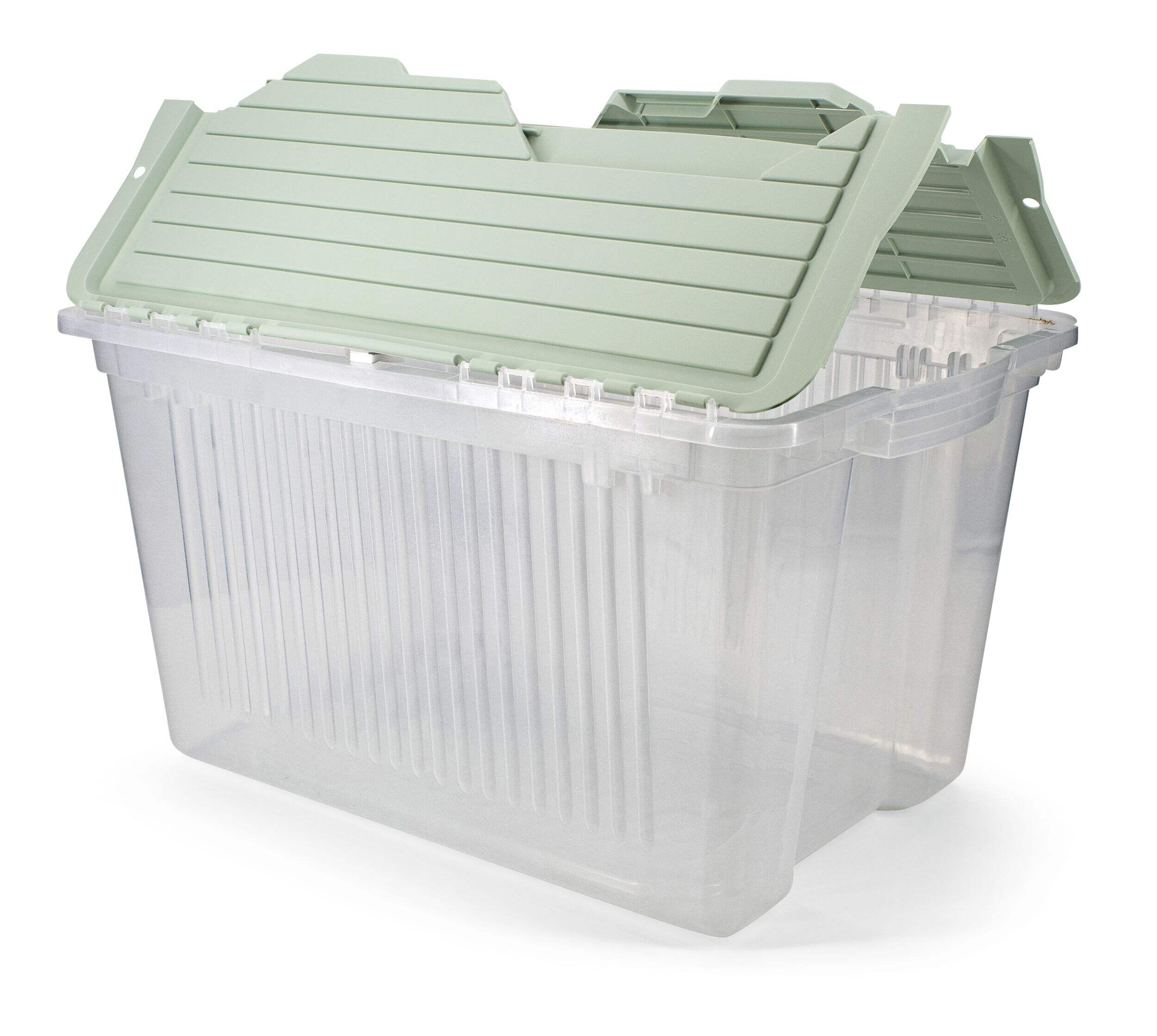 type A Transparent Stackable Storage Box with Flip-top Lid, 45-L, Eucalyptus Front_Angled_Left