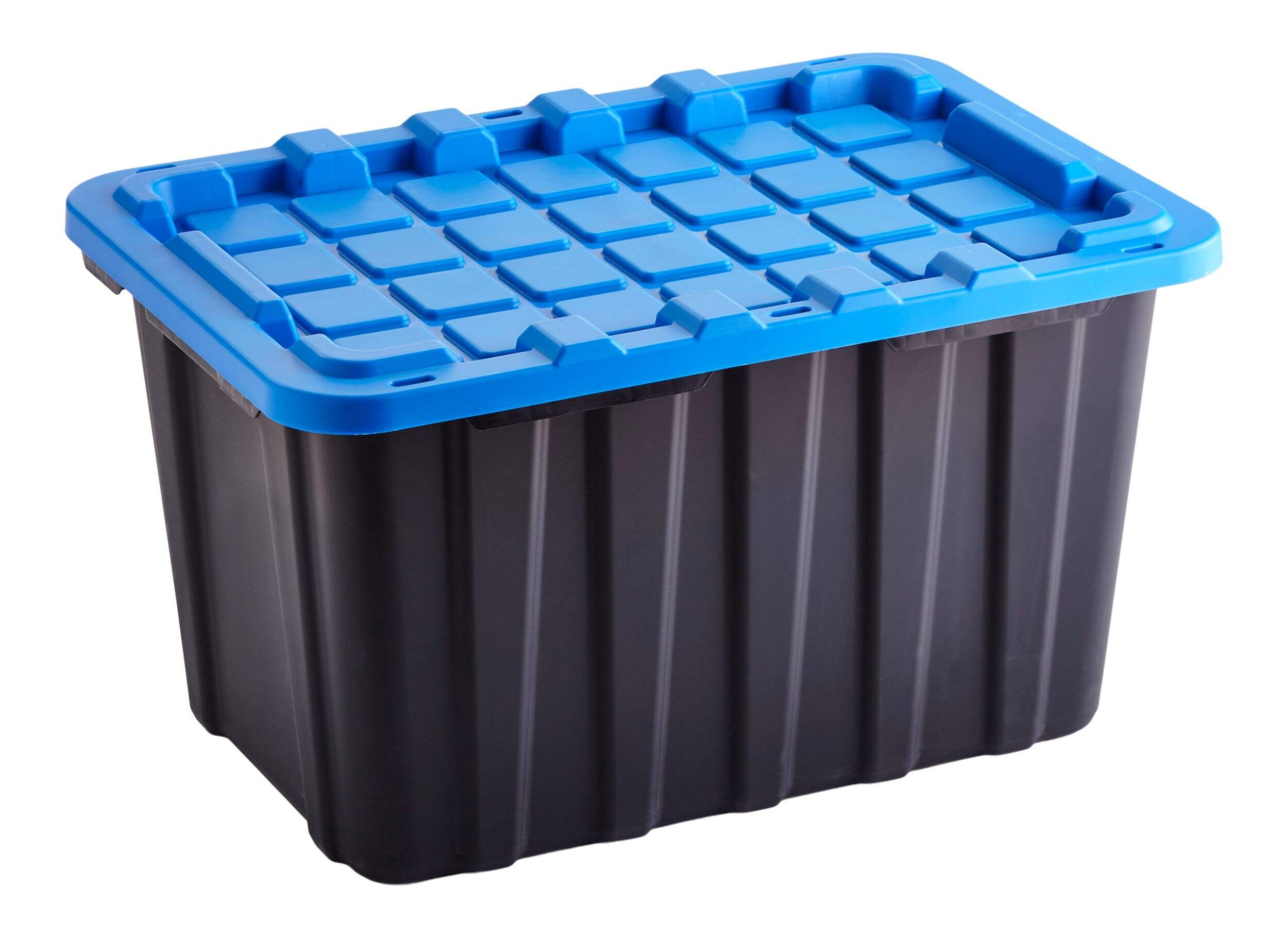 Mastercraft Heavy Duty Stackable Storage Box with Lid, 102-L, Black/Blue Front_Angled_Right