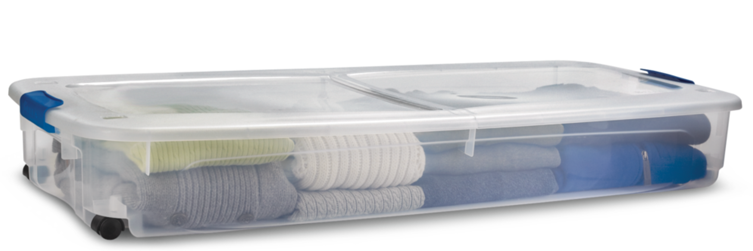Bac de rangement sous le lit Bella, avec couvercle et roulettes, transparent, 66 L Front_Angled_Right