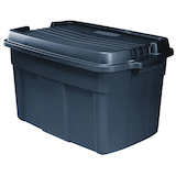 Bac de rangement empilable Rubbermaid Roughneck avec couvercle, grand, bleu, 140 L Front_Three_Fourths_Angled_Left