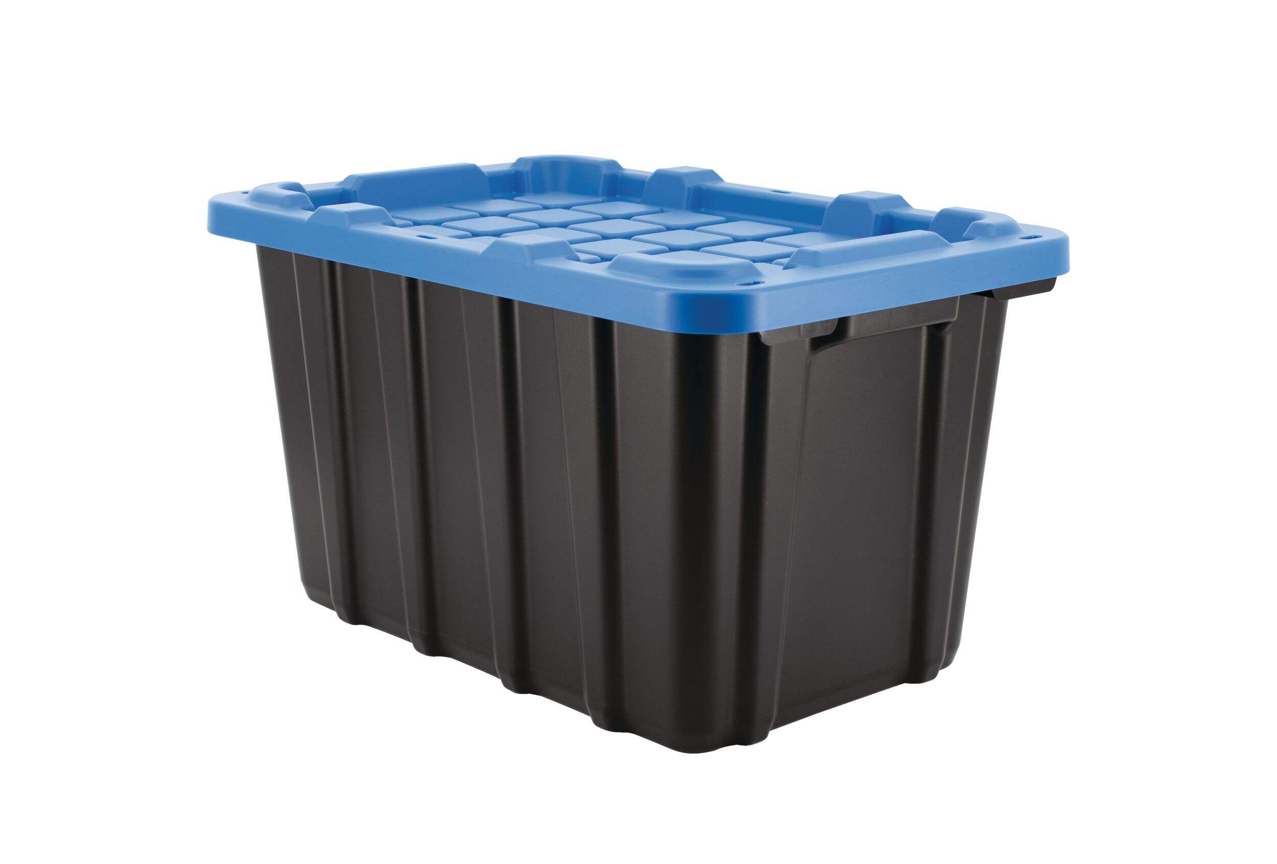 Mastercraft Heavy Duty Stackable Storage Box with Lid, 45-L, Black/Blue Front_Three_Fourths_Angled_Left