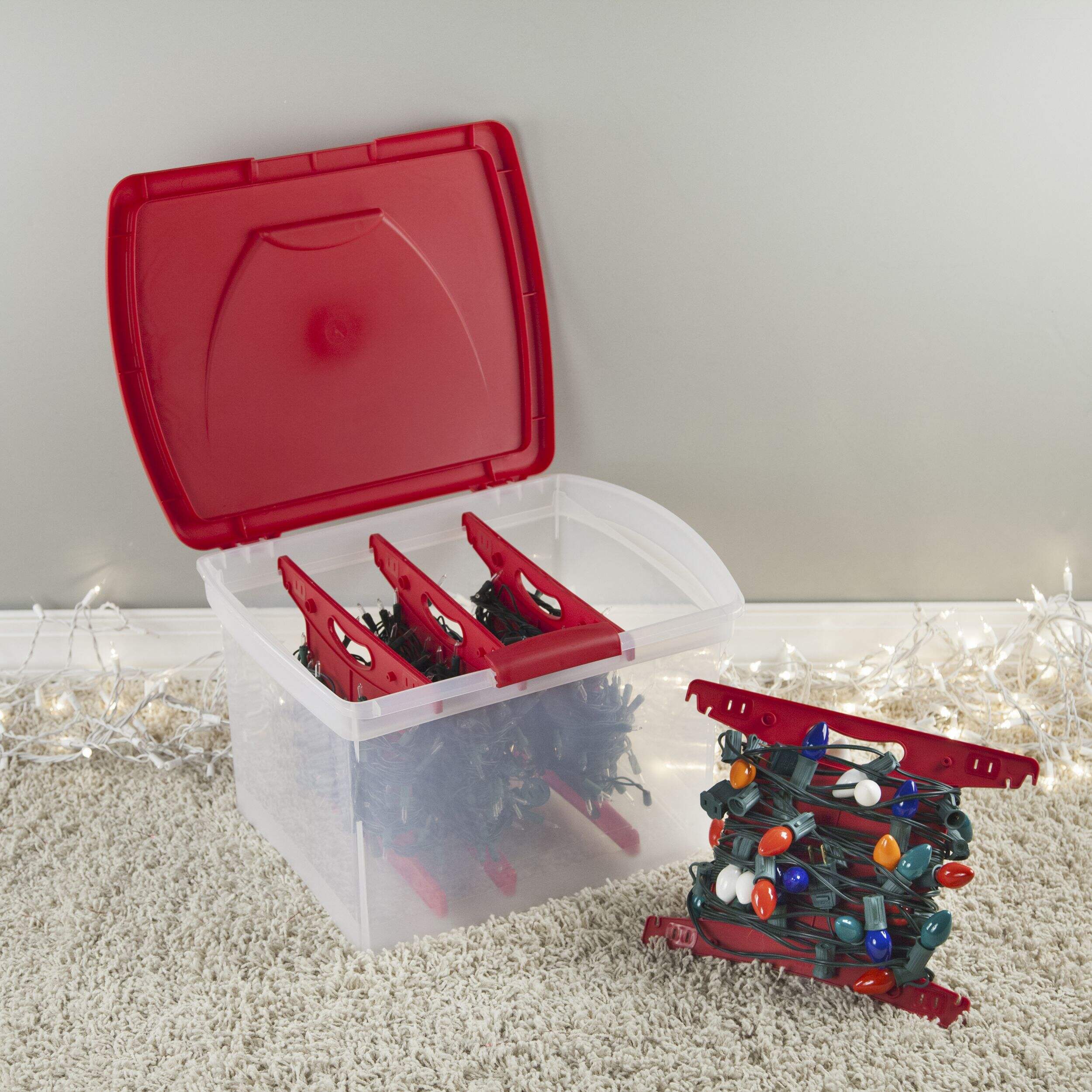 Transparent Christmas Lights Storage Box with Latched Lid and 4 Storage