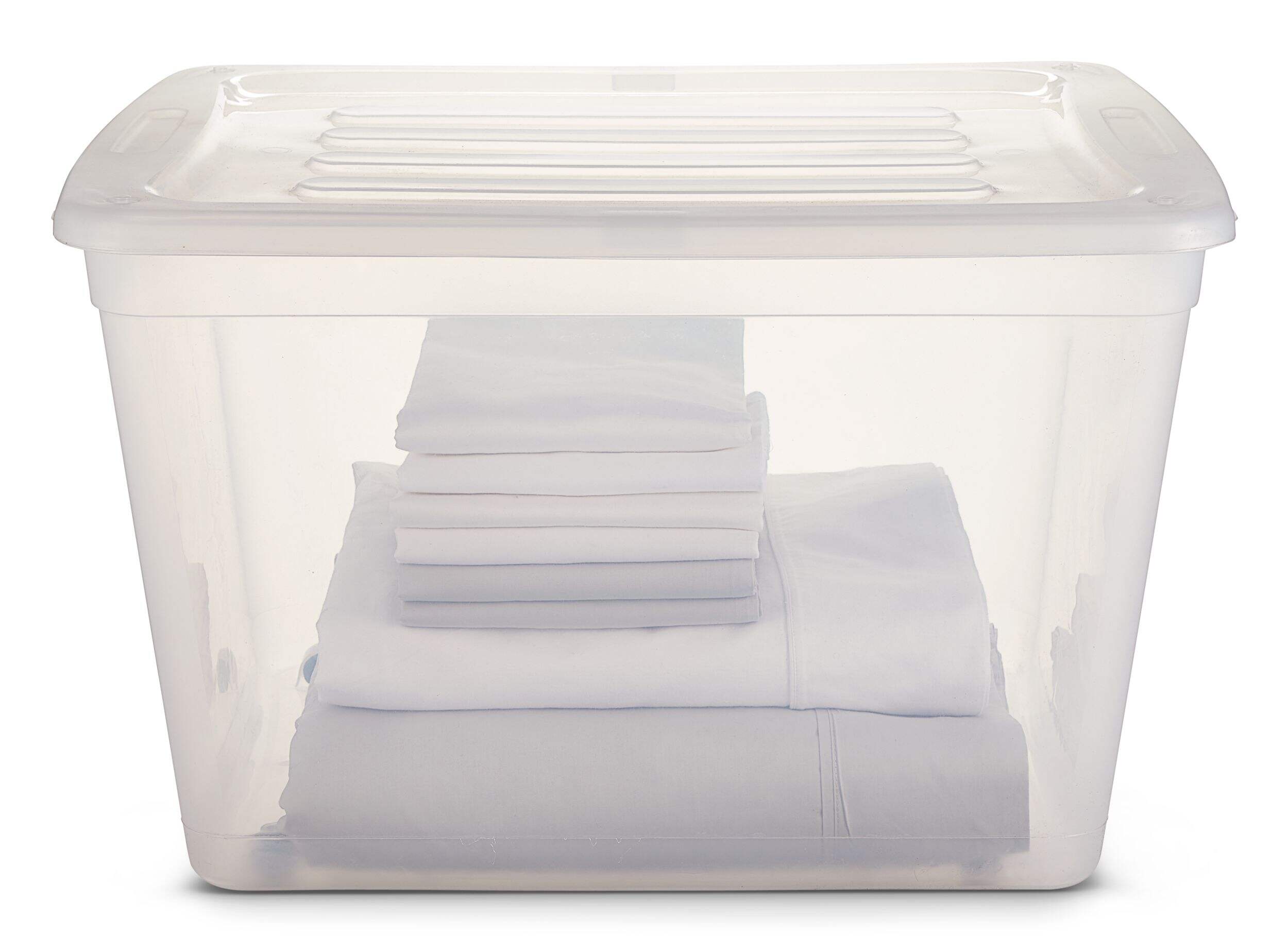 Boîte de rangement transparente de type A avec couvercle et roues encliquetables, 80 L Front_Elevated