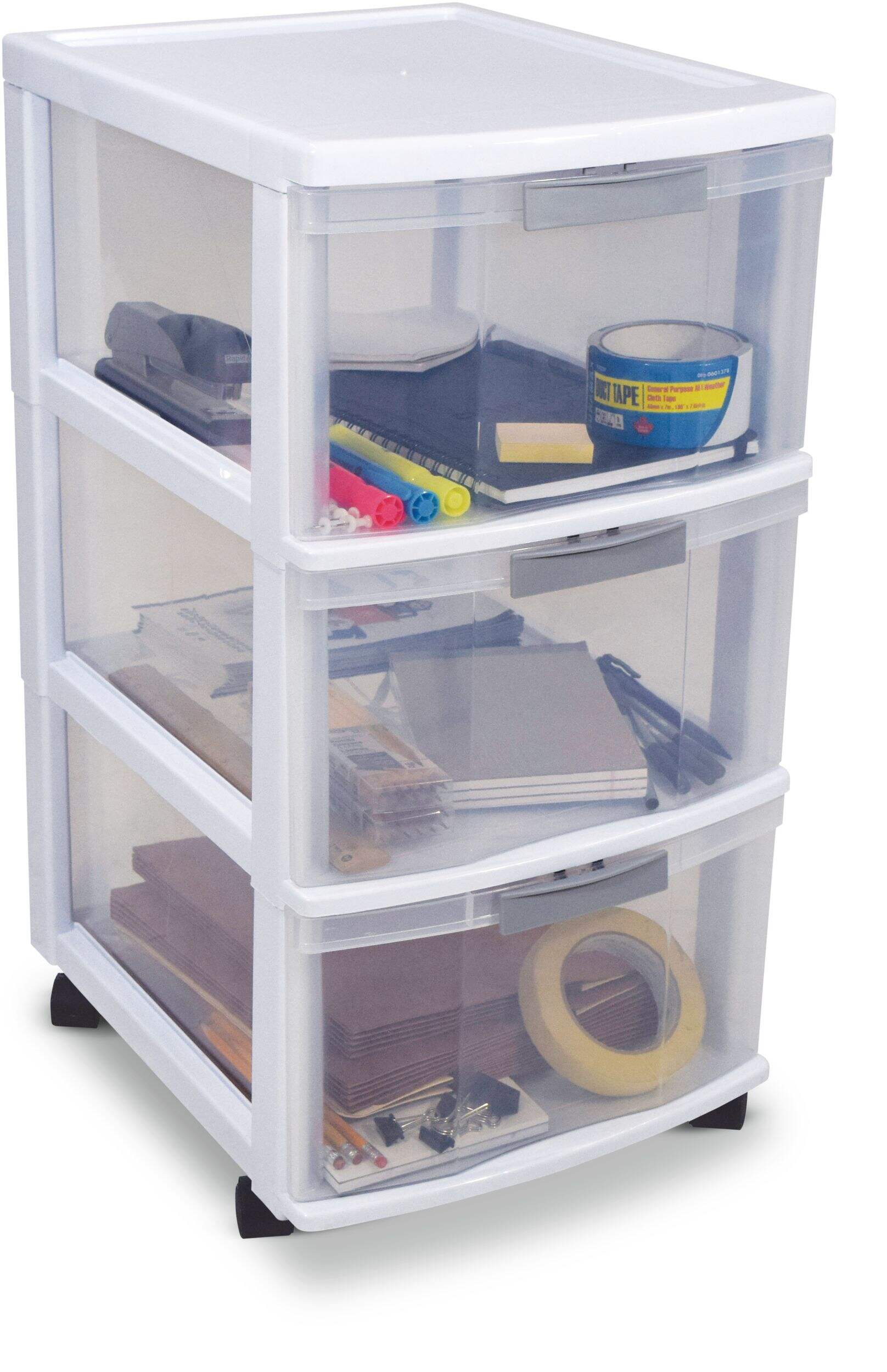 type A Element Clear Lockable White Frame 3-Drawer Storage Tower/Cart with Wheels, 26-in Front_Three_Fourths_Angled_Right