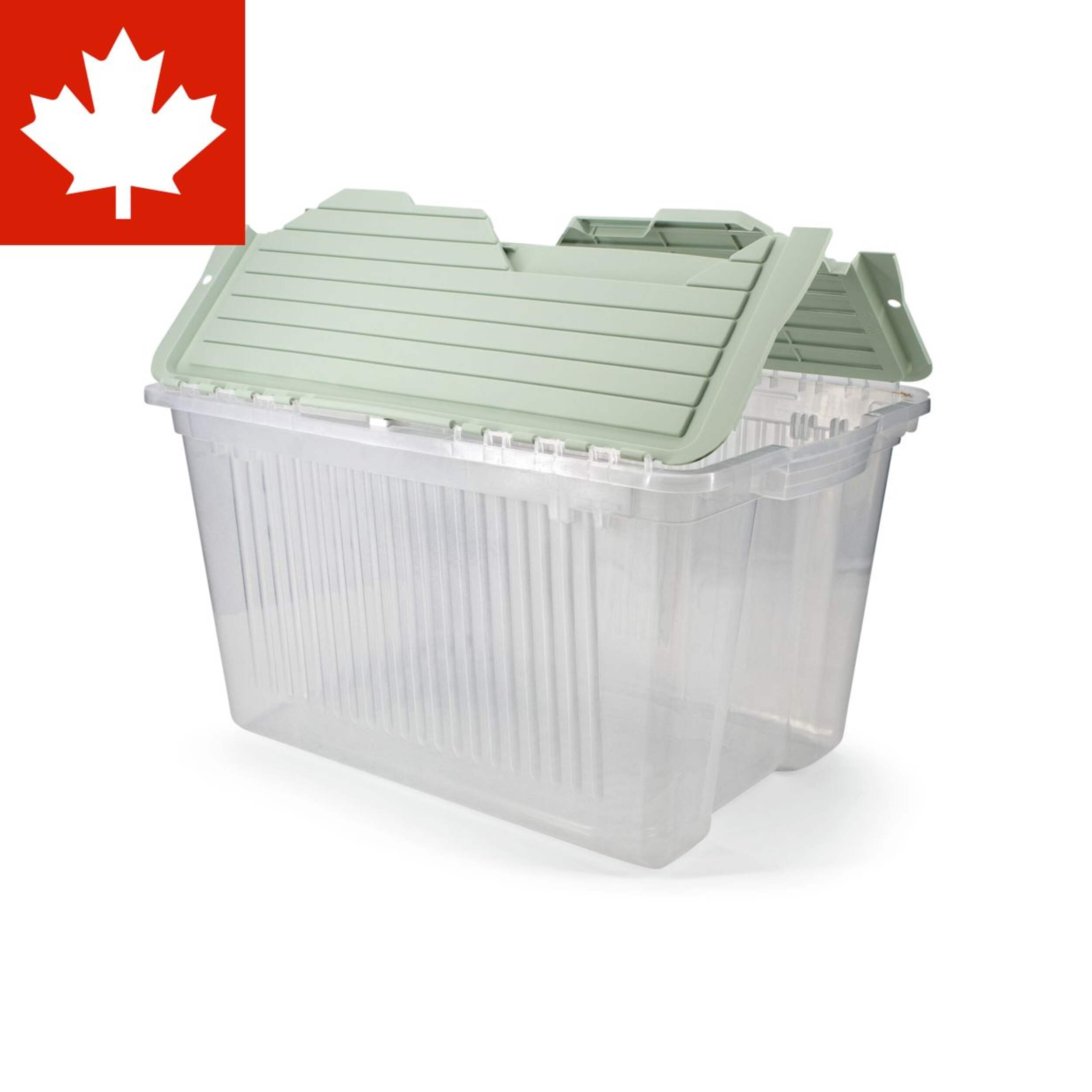 type A Transparent Stackable Storage Box with Flip-top Lid, 45-L, Eucalyptus Front_Angled_Left