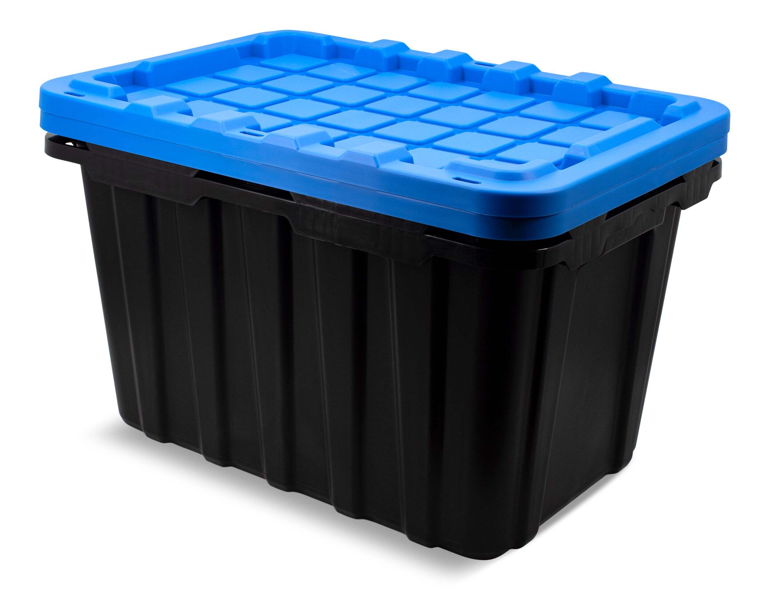 Mastercraft Heavy Duty Plastic Storage Box Container, 102-L, Black, 2-pk Front_Three_Fourths_Angled_Left