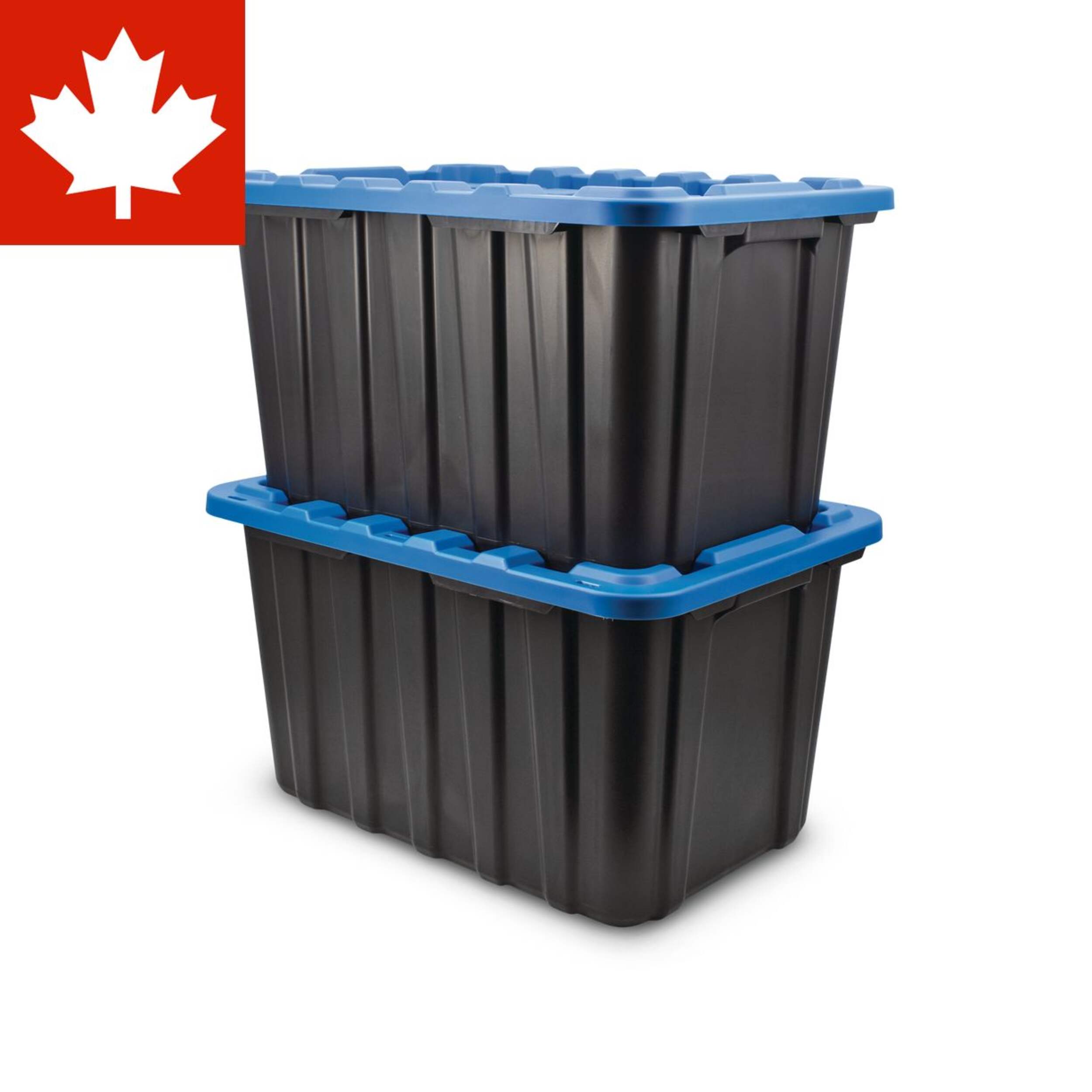 Mastercraft Heavy Duty Plastic Storage Box Container, 102-L, Black, 2-pk Front_Three_Fourths_Angled_Left