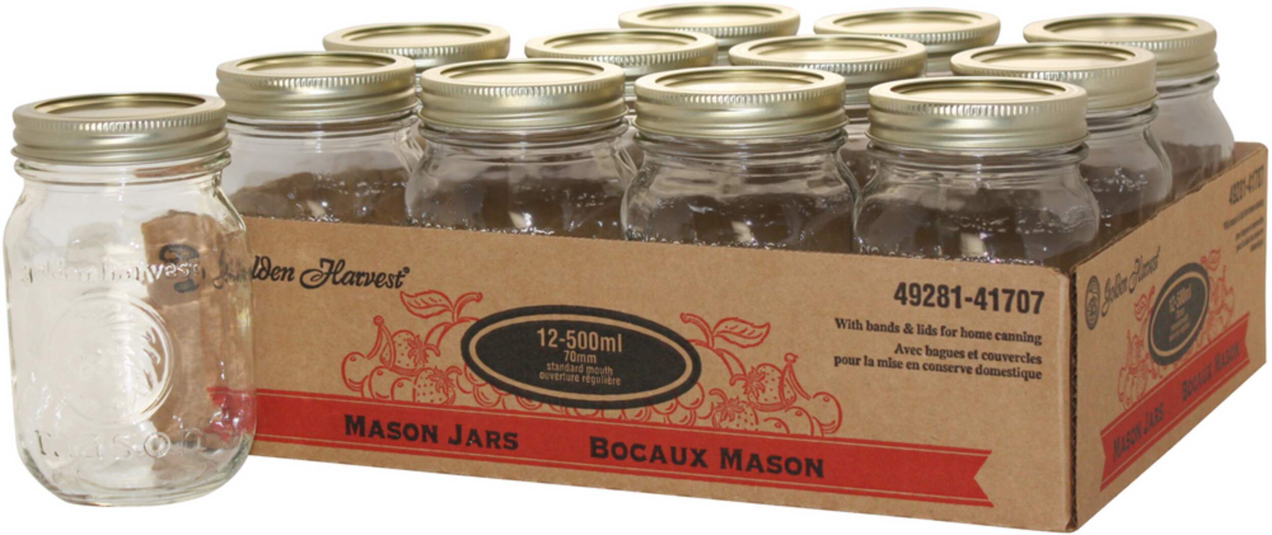 Golden Harvest Regular Mouth Glass Mason Jars with Snap Lids, 500 ml