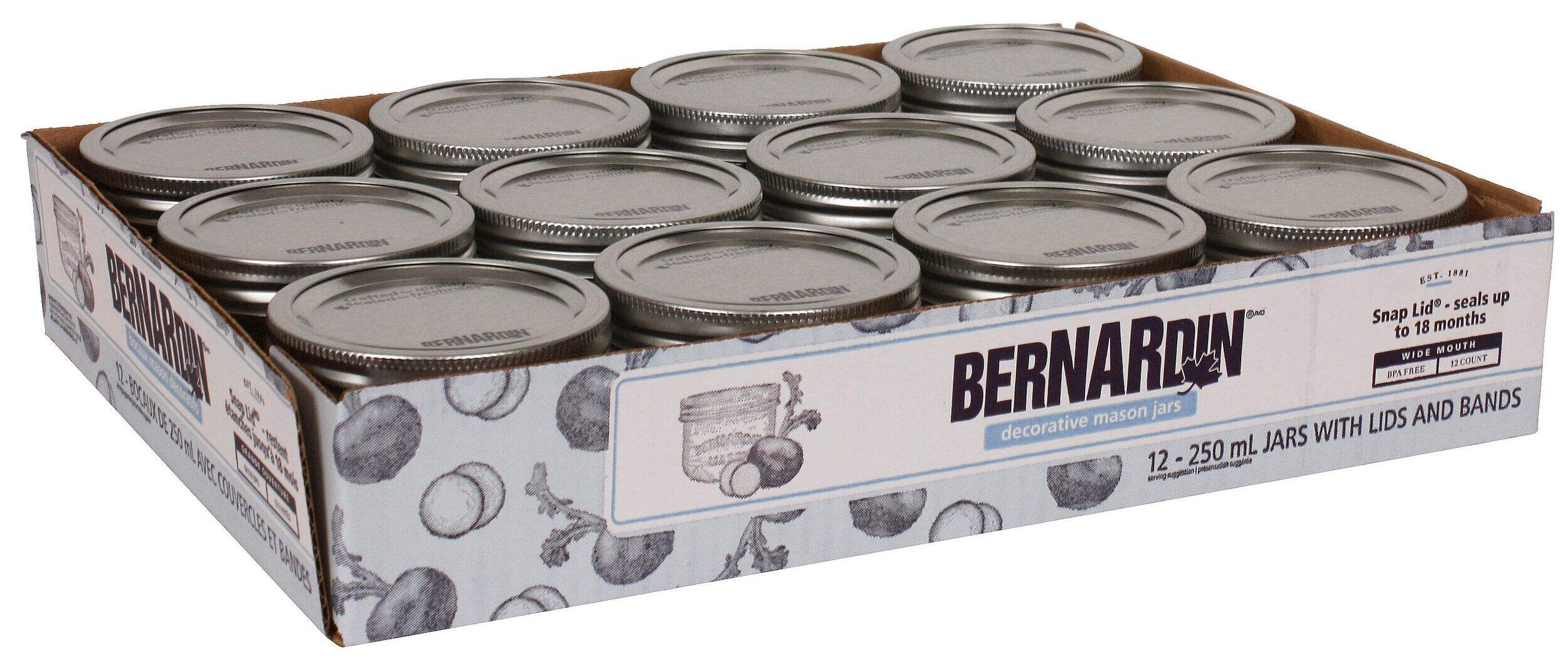 Bernardin Wide Mouth Decorative Glass Mason Jars with Snap Lids, 250 ml