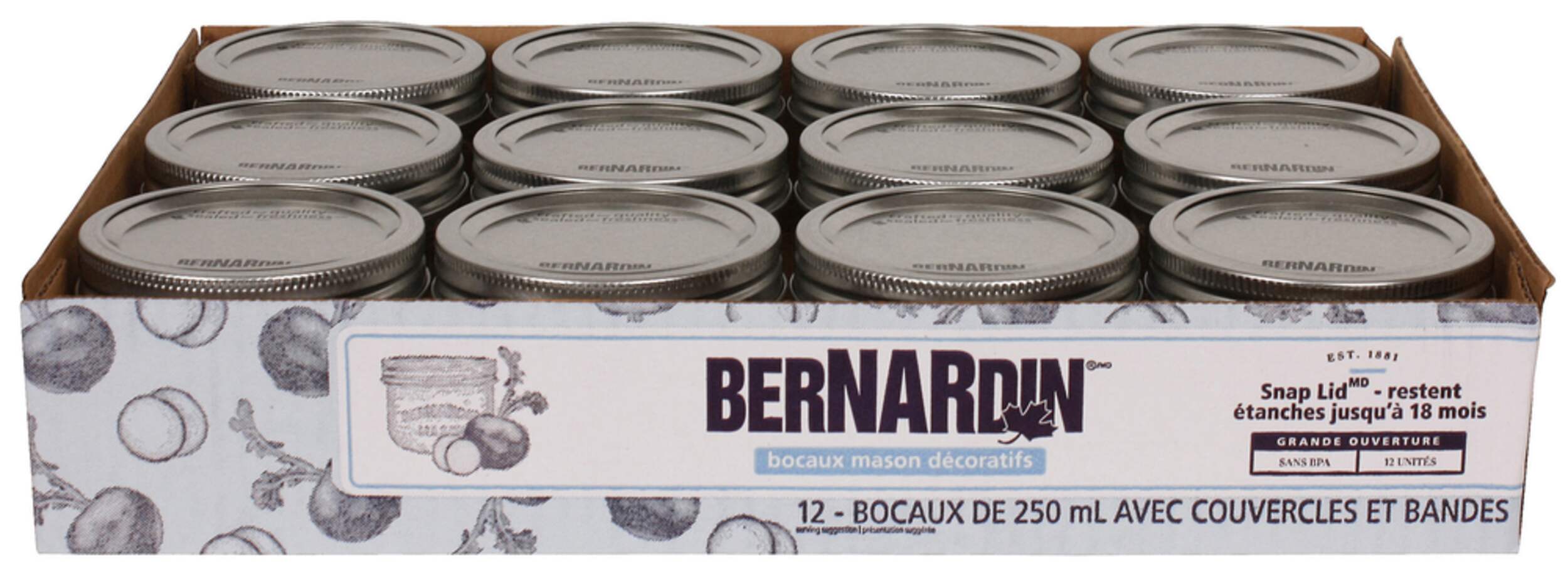 Bernardin Wide Mouth Decorative Glass Mason Jars with Snap Lids, 250 ml