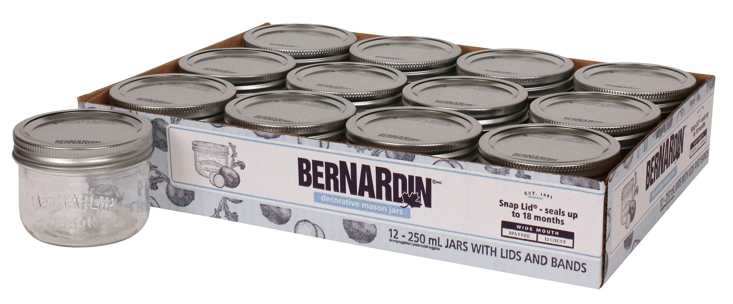Bernardin Wide Mouth Decorative Glass Mason Jars with Snap Lids and Bands, 250 mL, 12 Count Composite_or_Mixed