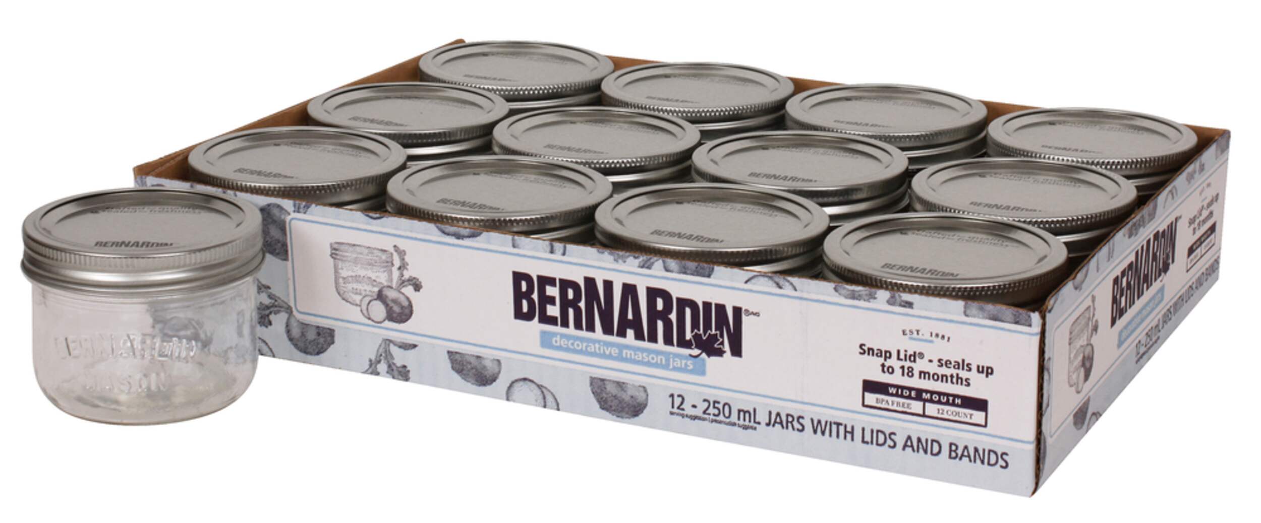 Bernardin Wide Mouth Decorative Glass Mason Jars with Snap Lids, 250 ml