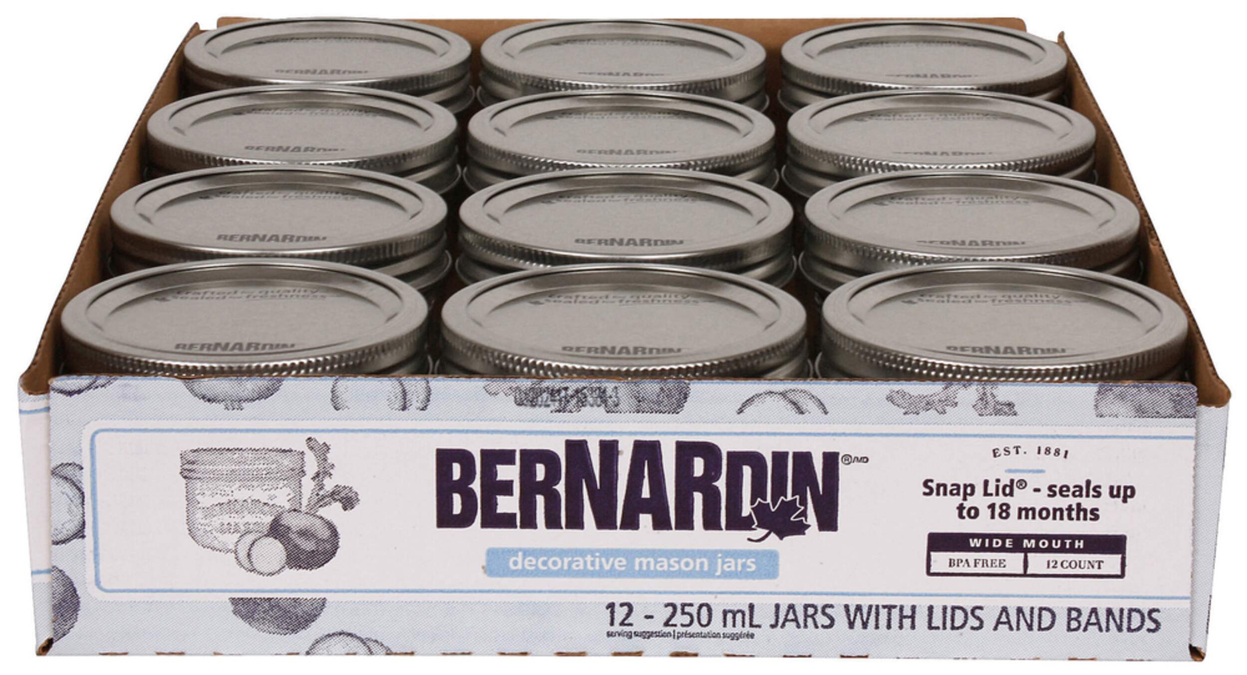 Bernardin Wide Mouth Decorative Glass Mason Jars with Snap Lids, 250 ml, 12 Count Canadian Tire