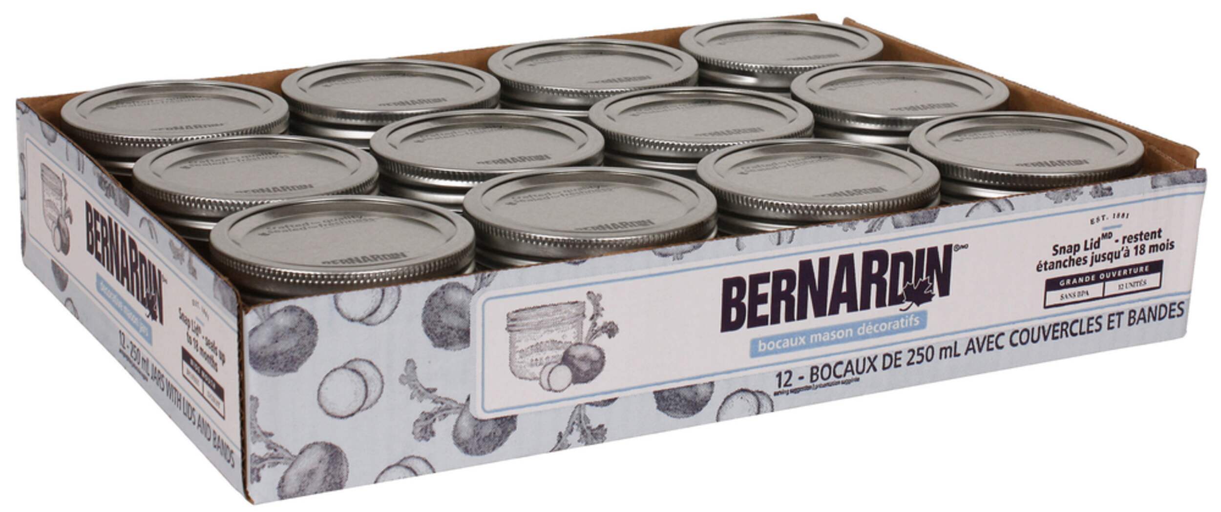 Bernardin Wide Mouth Decorative Glass Mason Jars with Snap Lids, 250 ml, 12 Count Canadian Tire