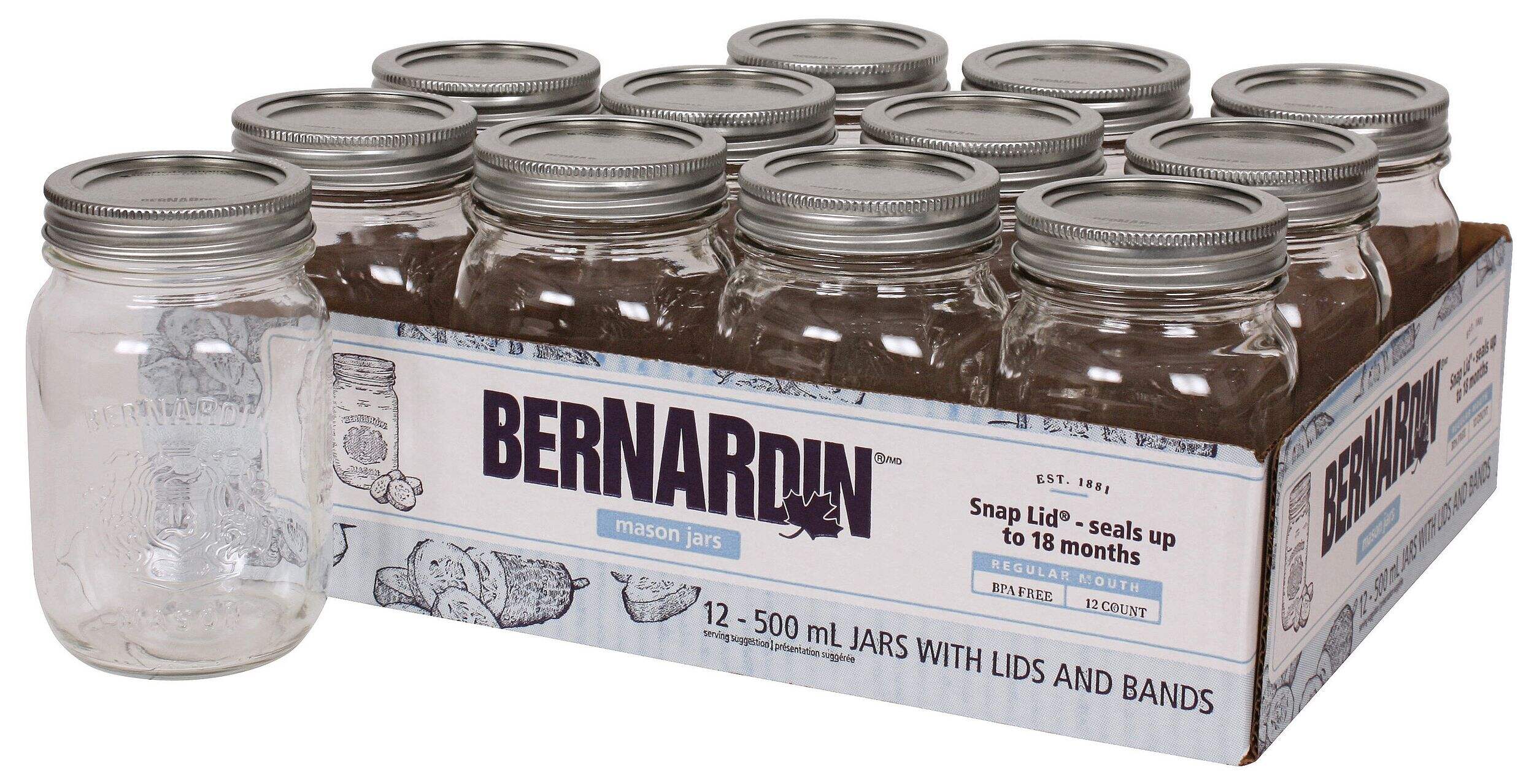 Bernardin Regular Mouth Glass Mason Jars with Snap Lids, 500 mL, 12 Count Composite_or_Mixed